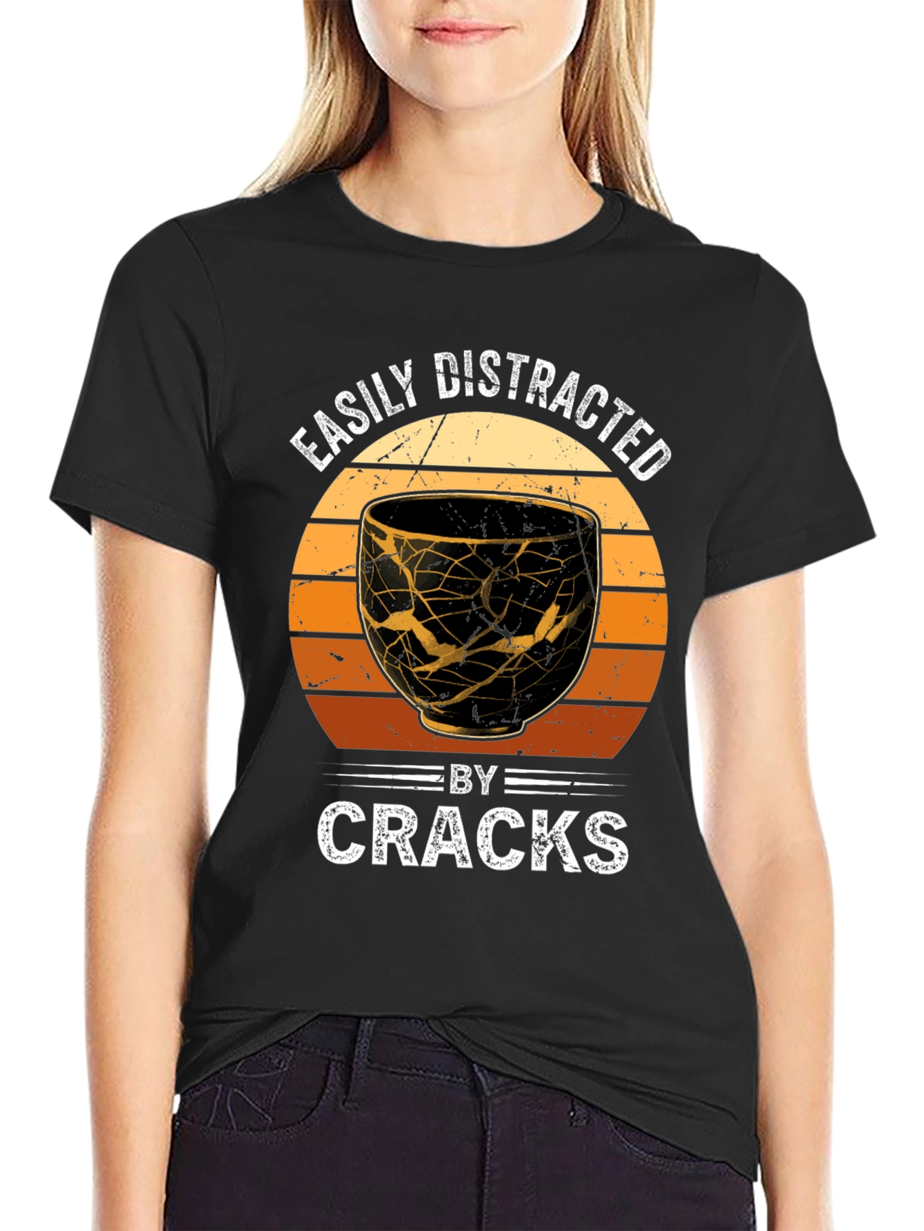Black Easily Distracted By Cracks Kintsugi Style T-Shirt view 2