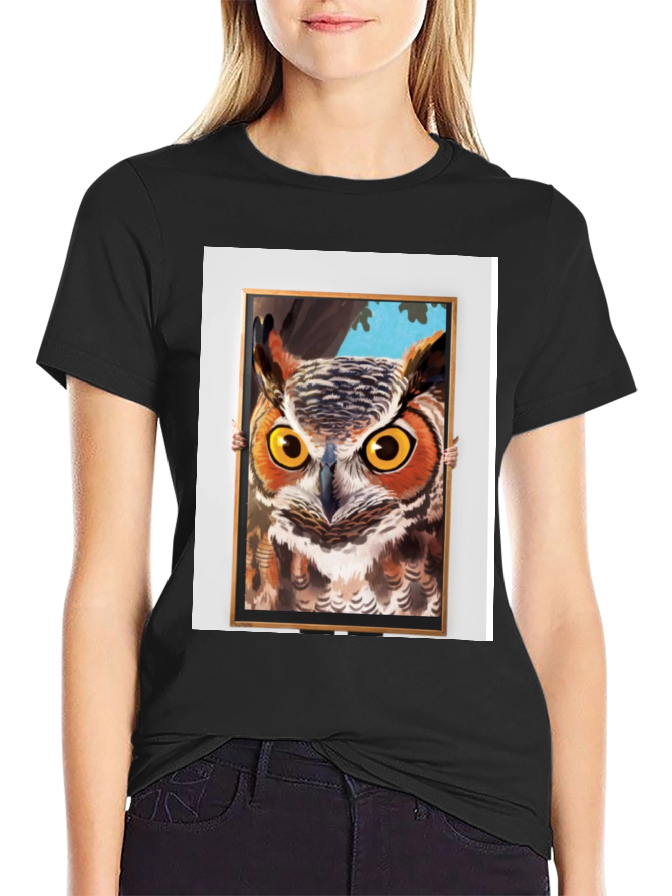 Black Owl Framed Art Graphic T-Shirt view 2
