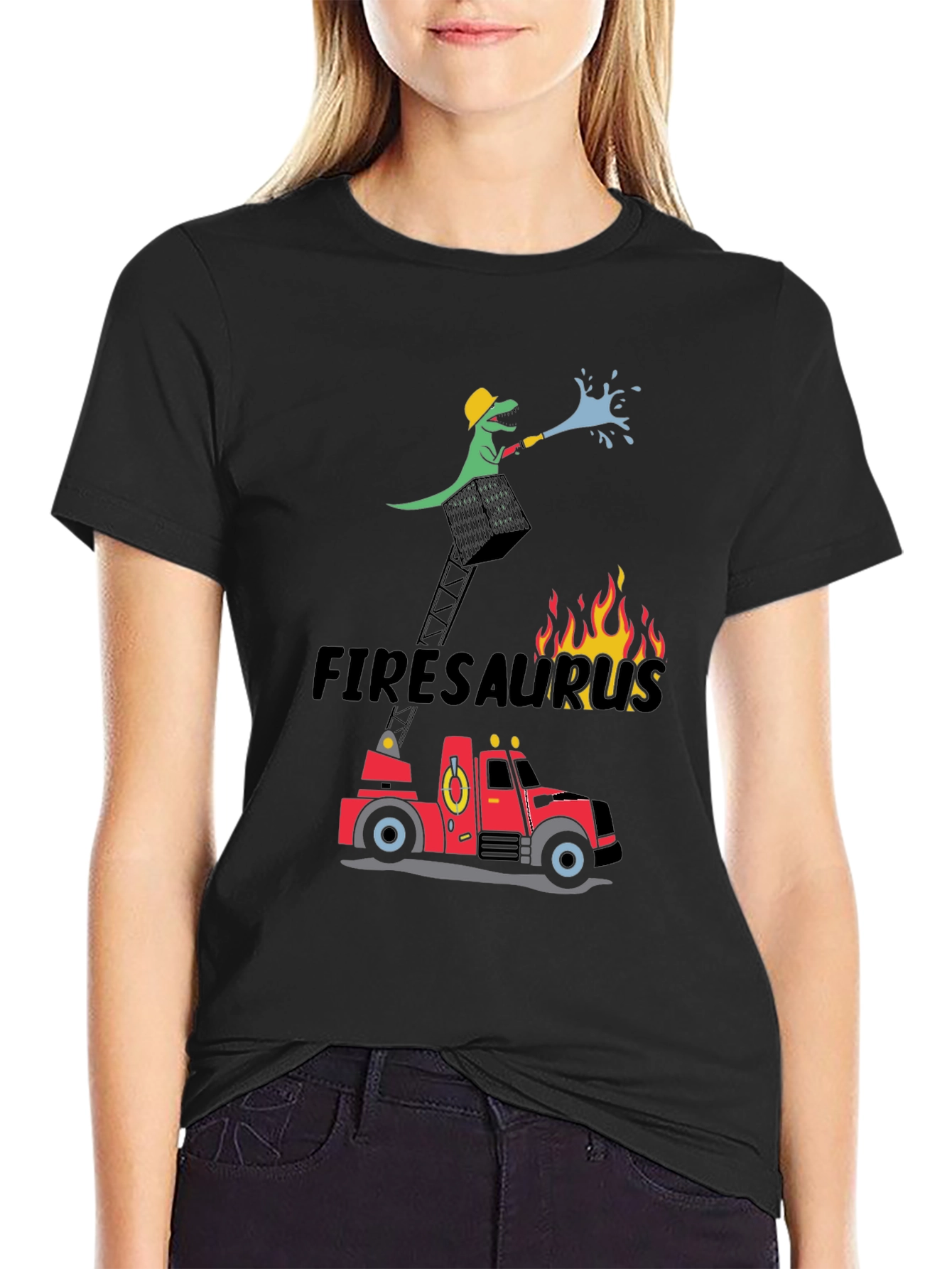 Black Firesaurus Cartoon Graphic T-Shirt view 2