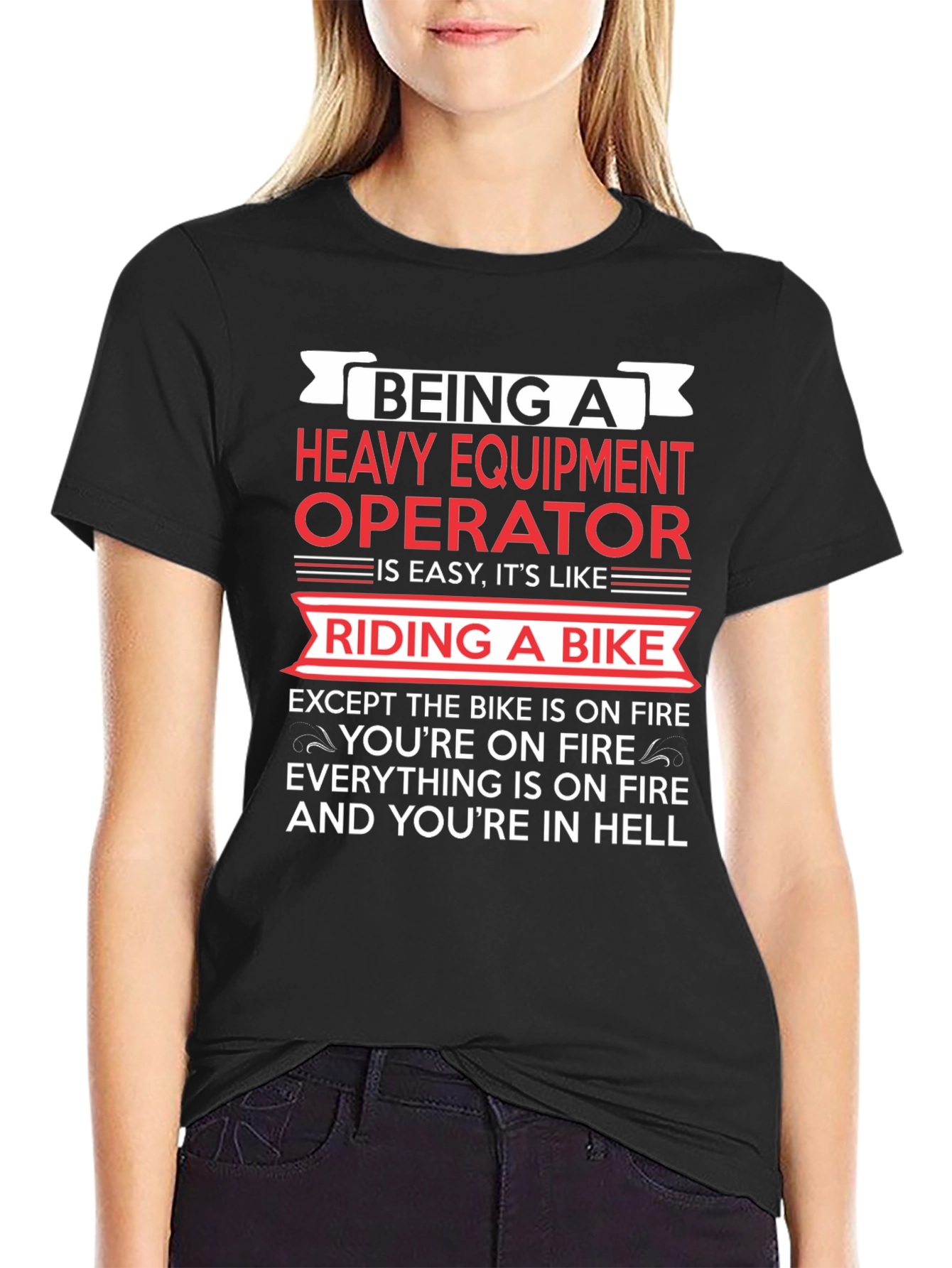 Black Heavy Equipment Operator T-Shirt - Ride a Bike in Hell view 2