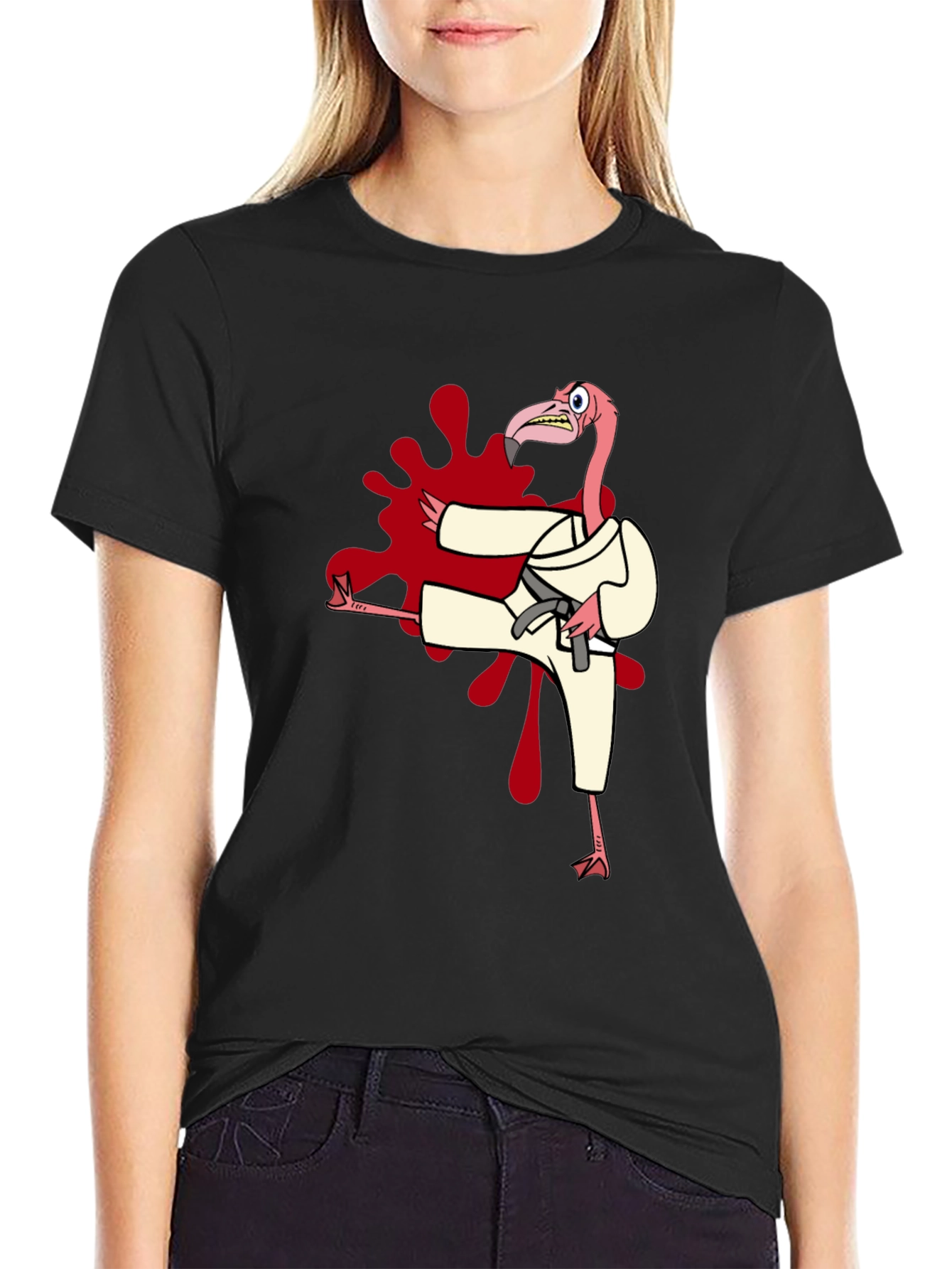 Black Karate Flamingo Black T-Shirt view 2