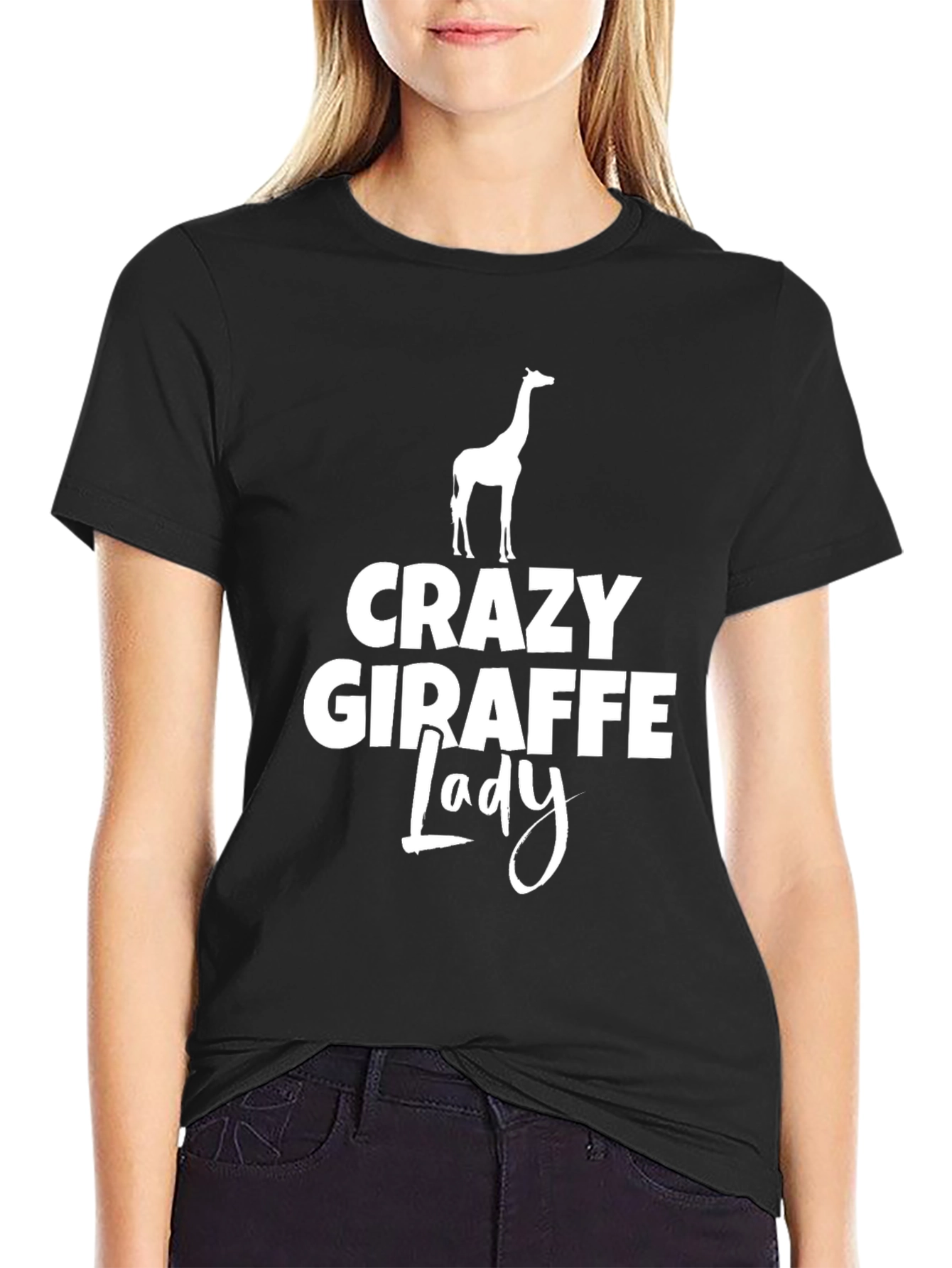 Black Crazy Giraffe Lady T-Shirt - Black Novelty Tee view 2