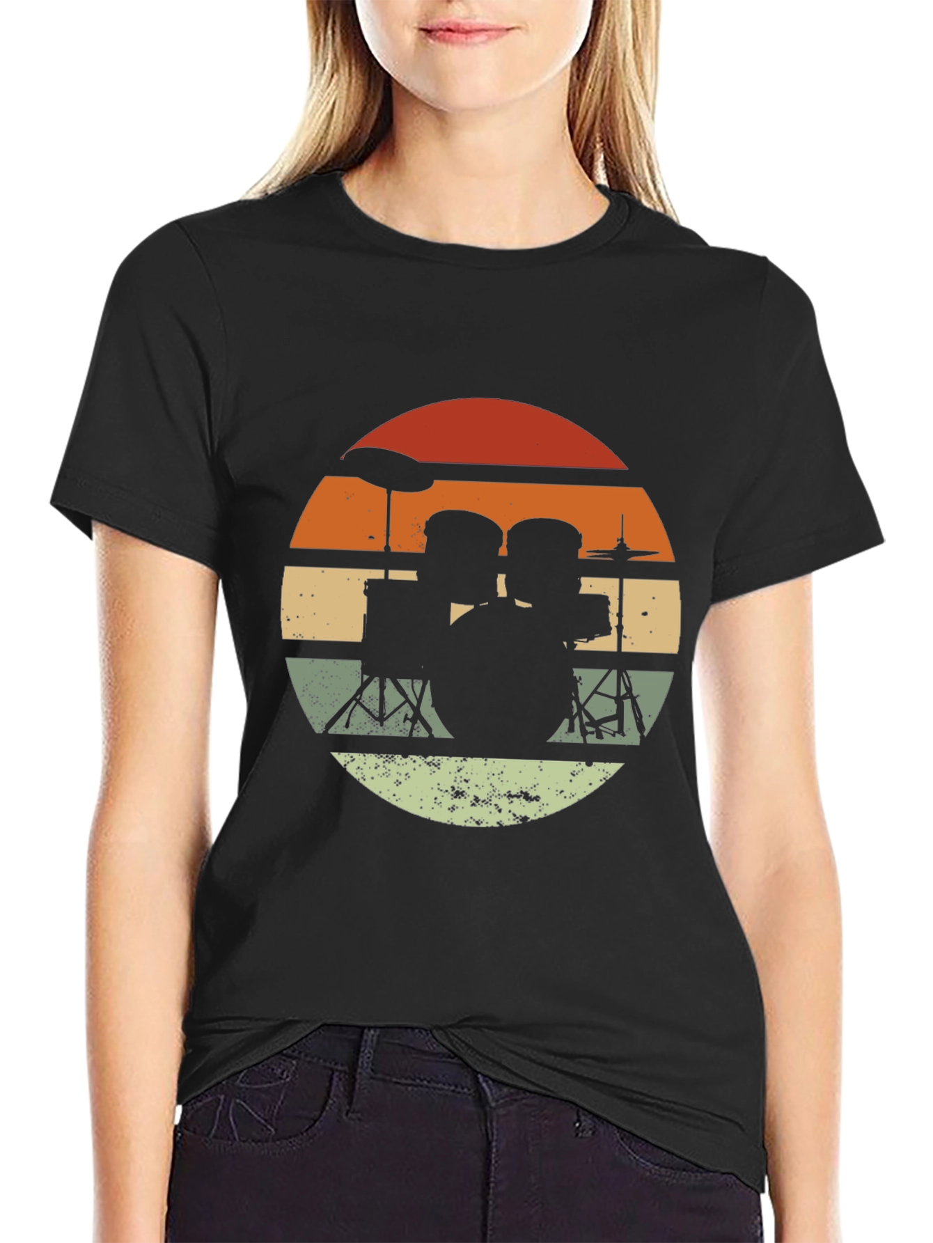 Black Retro Drum Set Graphic T-Shirt - Black view 2