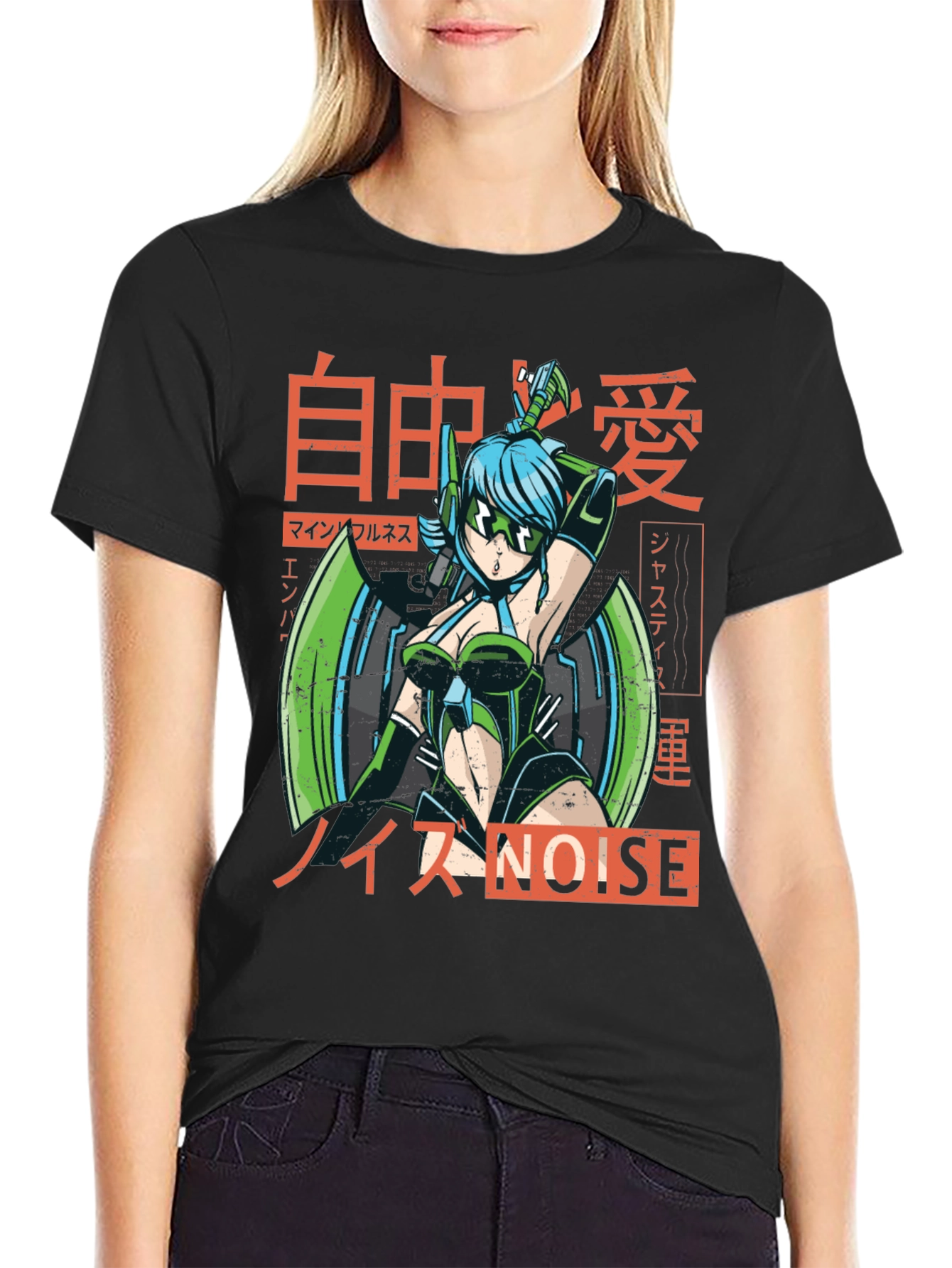 Black Anime Cyberpunk Style Graphic Tee view 2