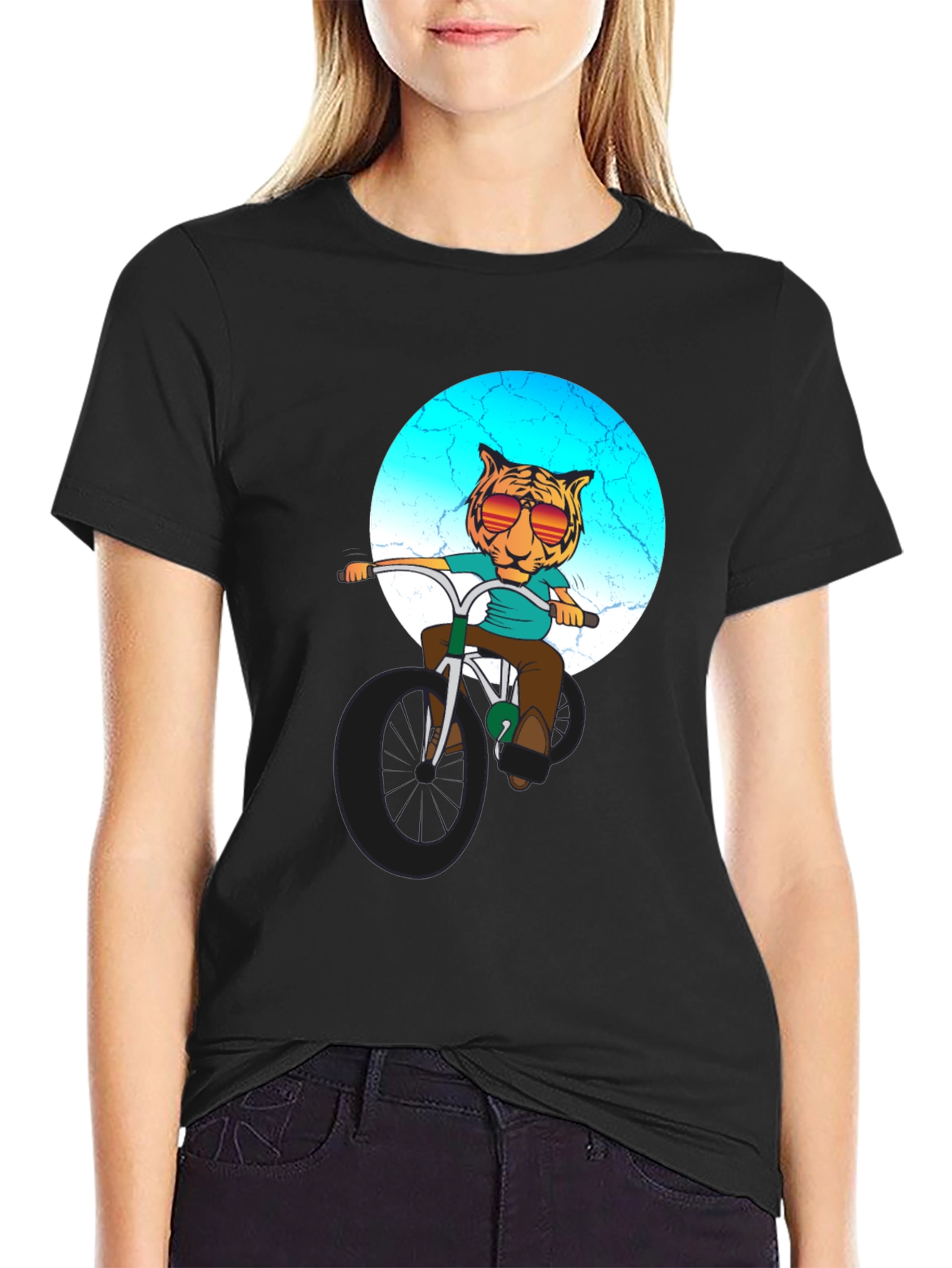 Black Cool Tiger Riding Bike Graphic T-Shirt view 2