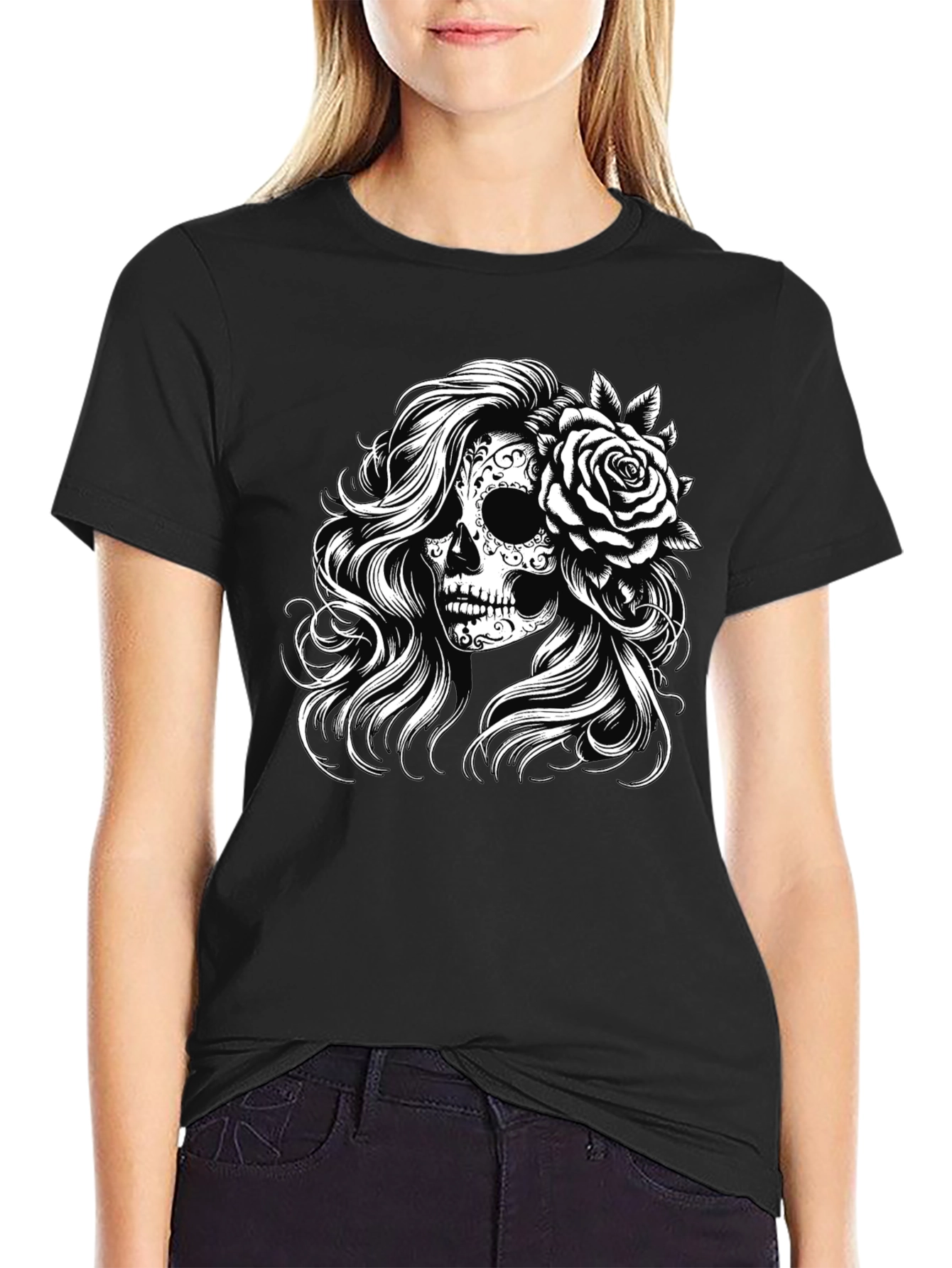 Black Sugar Skull Rose Graphic Tee - Black view 2