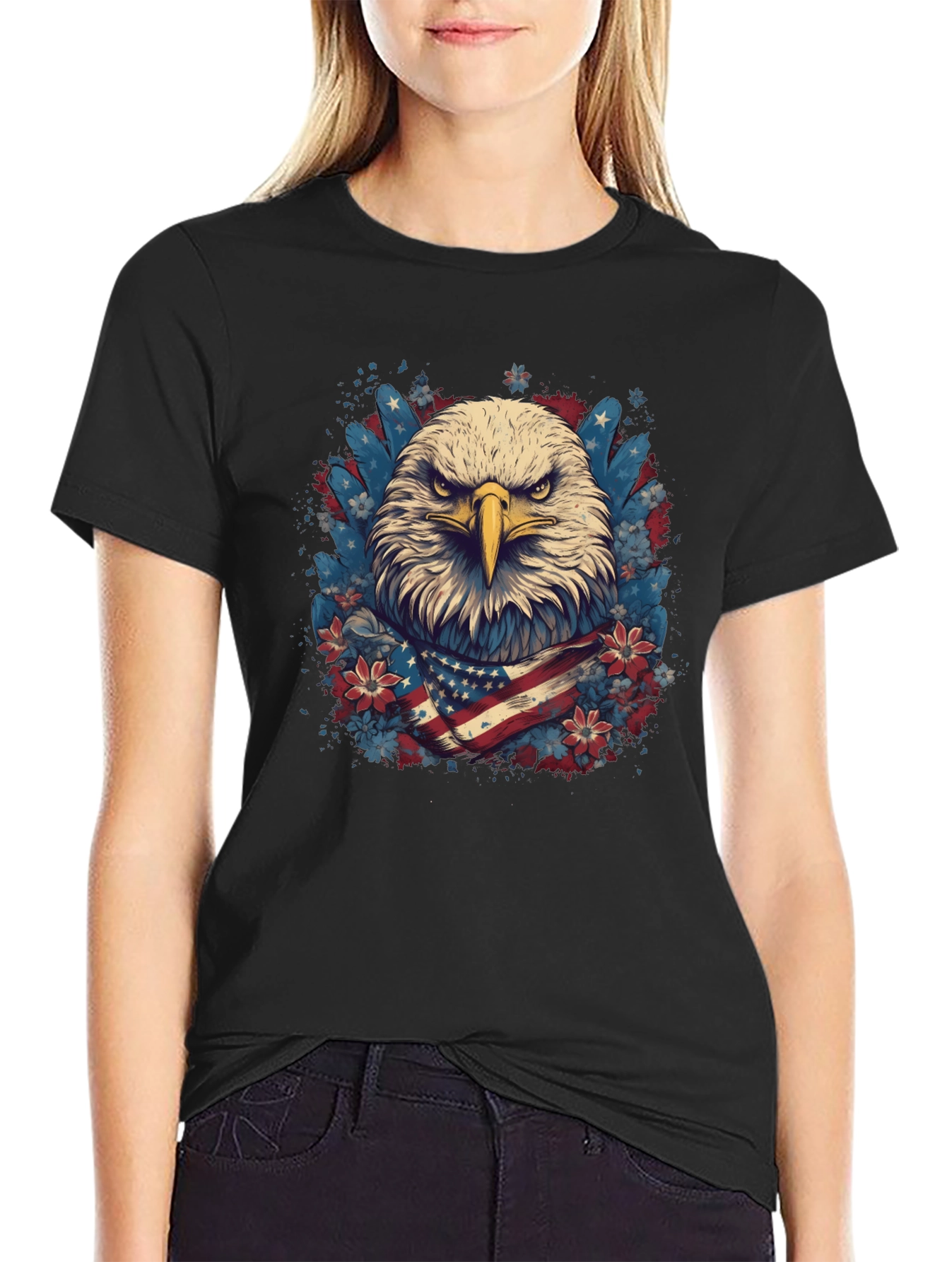 Black American Eagle Graphic Tee Patriotic USA Flag T-Shirt view 2