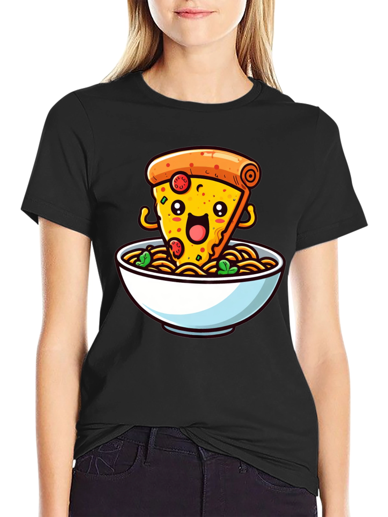 Black Pizza and Noodles Graphic T-Shirt - Black view 2