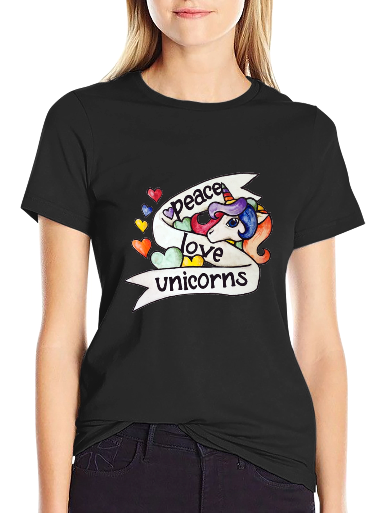 Peace Love Unicorns Graphic Tee - Black Cotton T-Shirt - 2