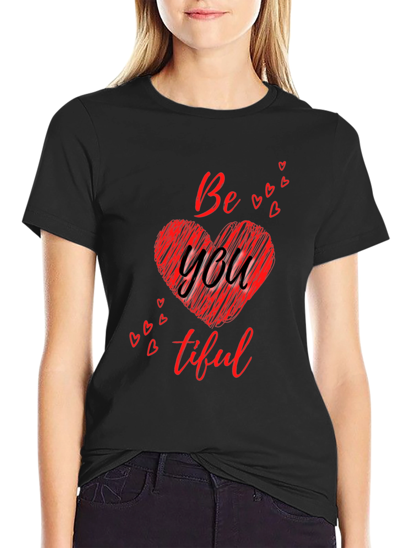 Black Be You Tiful Heart Tee - Soft Black Cotton Graphic T-Shirt view 2
