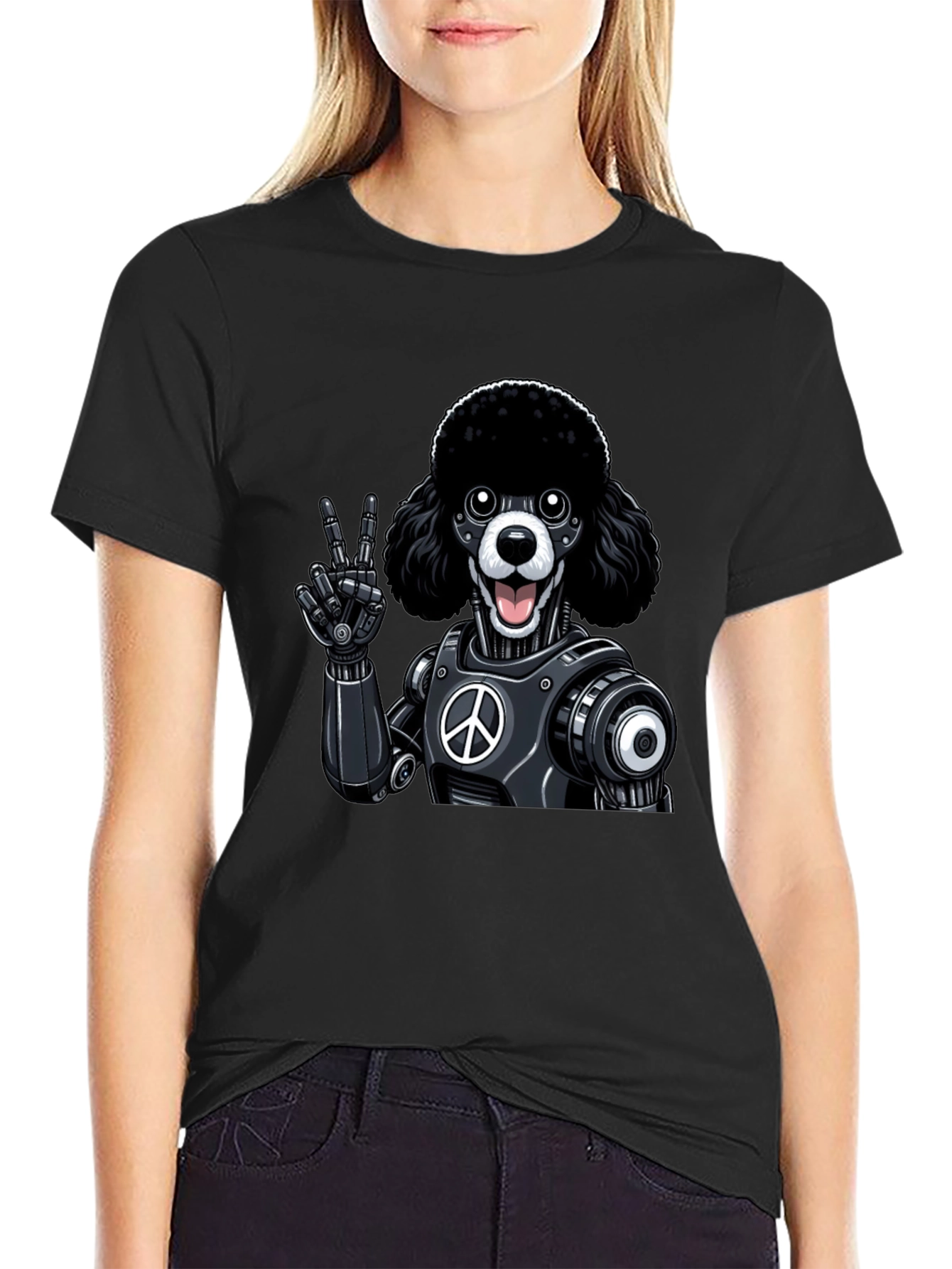 Black Peace Poodle Robot Graphic T-Shirt view 2