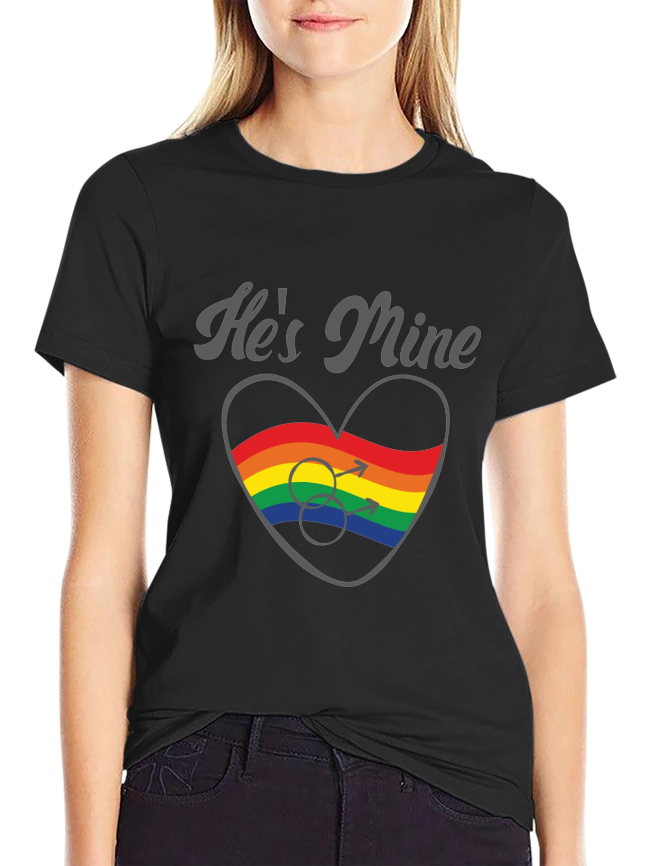 Black He's Mine Gay Pride Rainbow Heart T-Shirt view 2