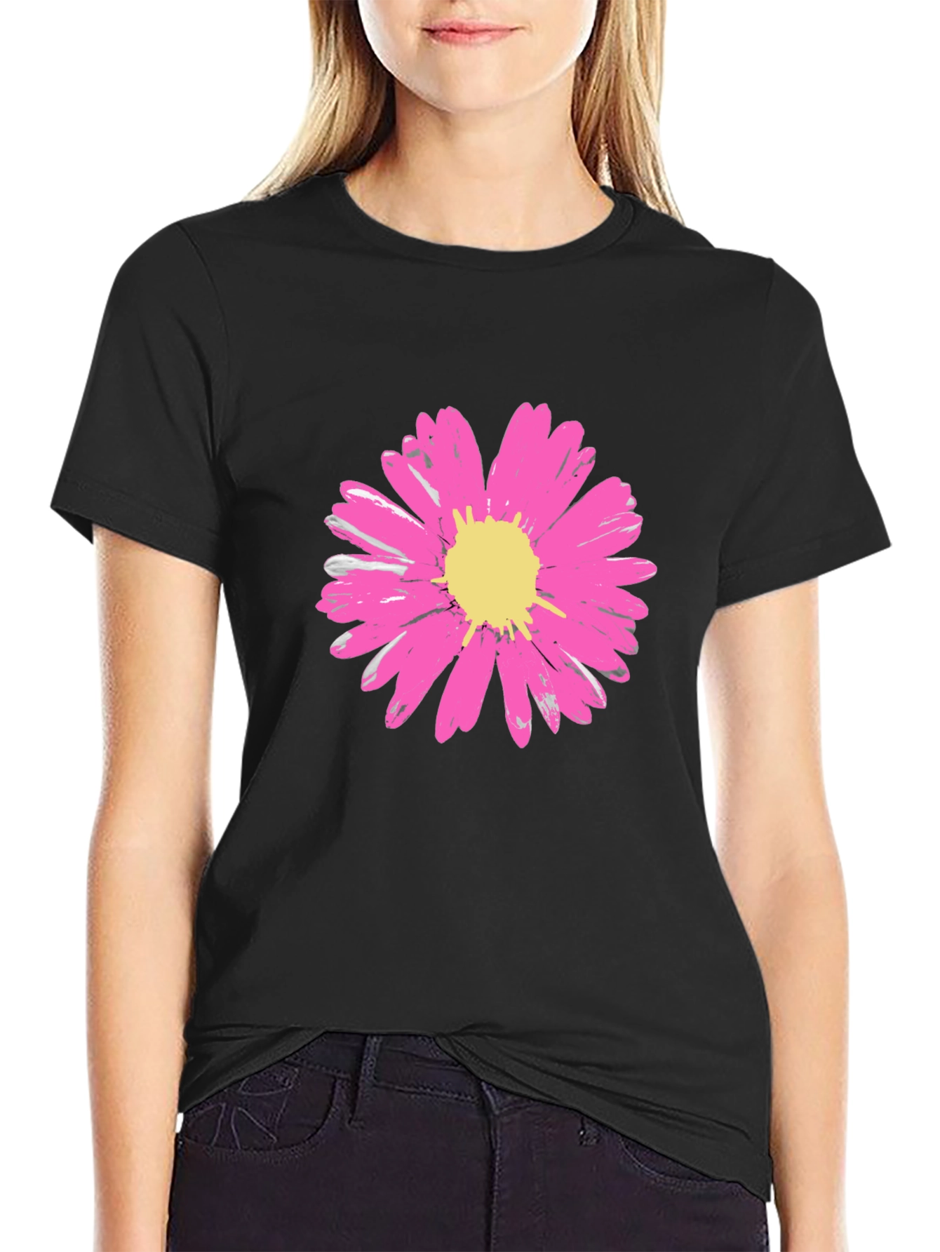 Black Daisy Flower Graphic Tee - Stylish Black Cotton T-Shirt view 2