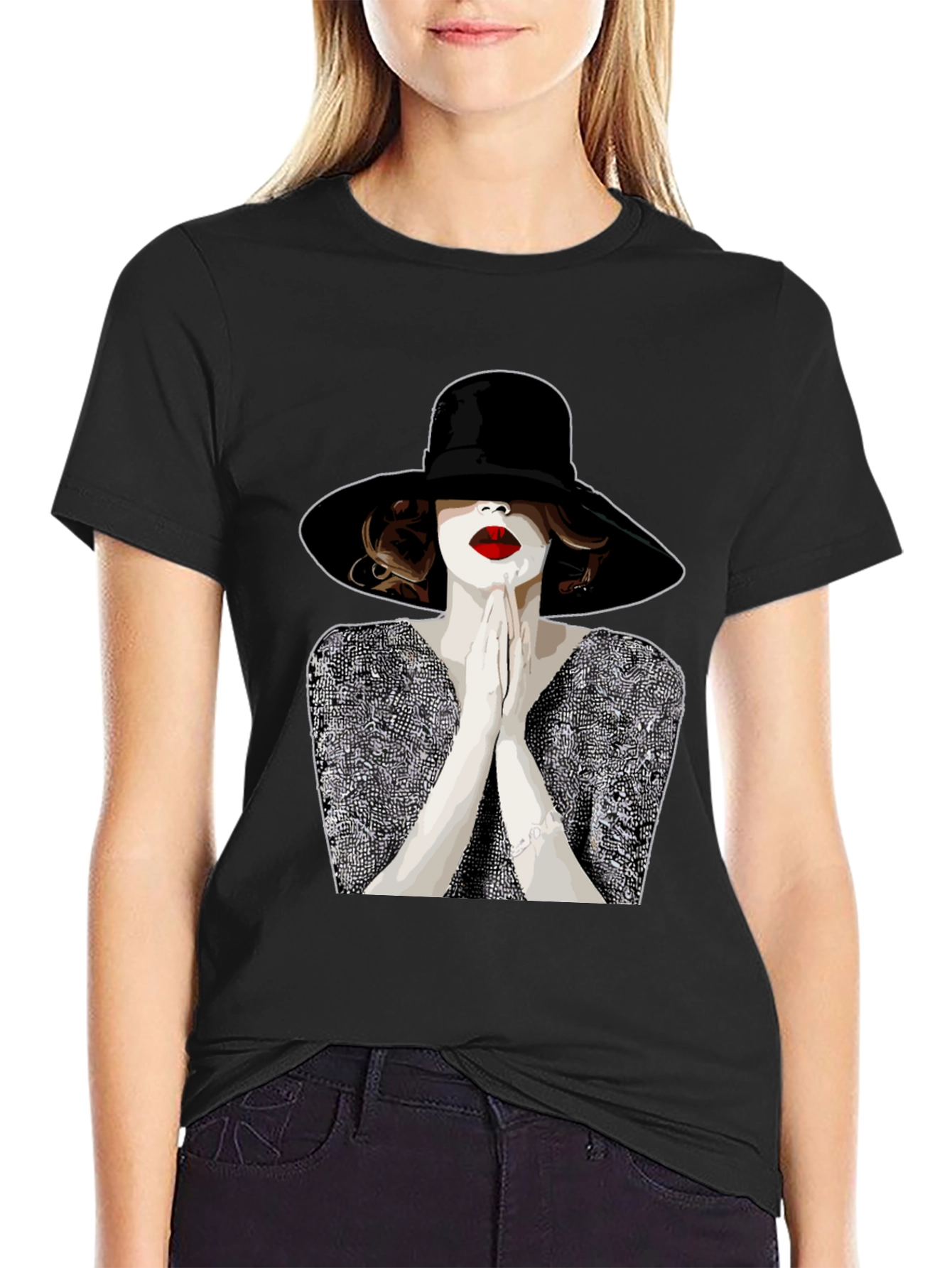 Black Stylish Graphic Tee - Woman with Hat view 2
