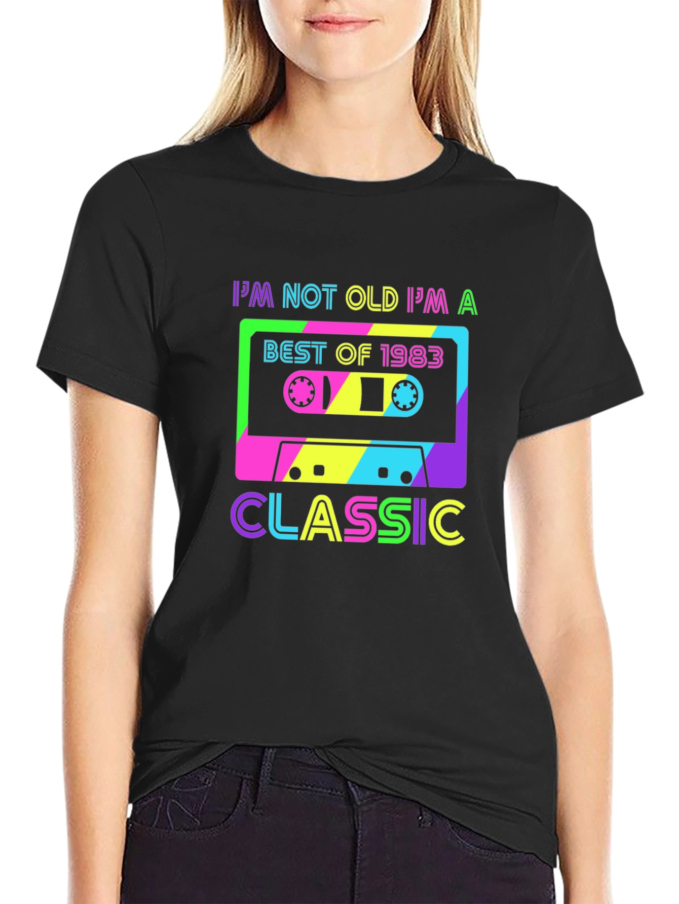 Black Retro 1983 Cassette Tape Classic T-Shirt view 2