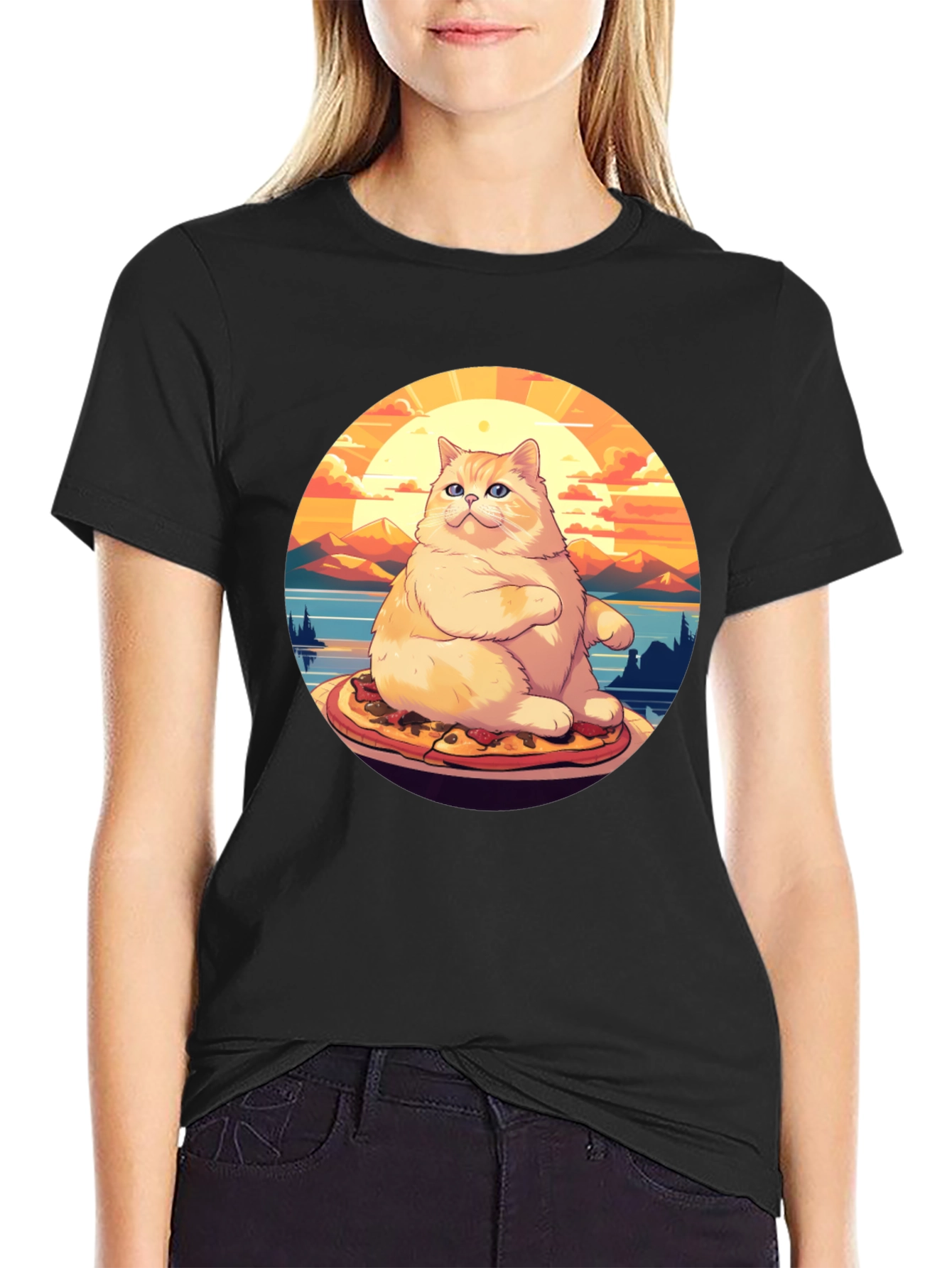 Black Pizza Cat T-Shirt: Sunset Vibes view 2