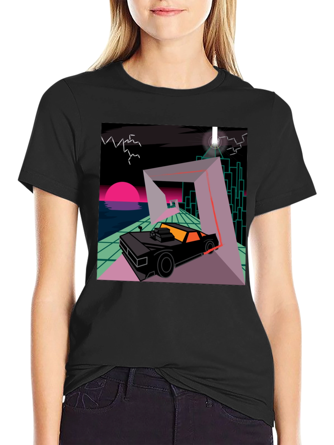 Black Retro Wave Car T-Shirt - Synthwave Design view 2