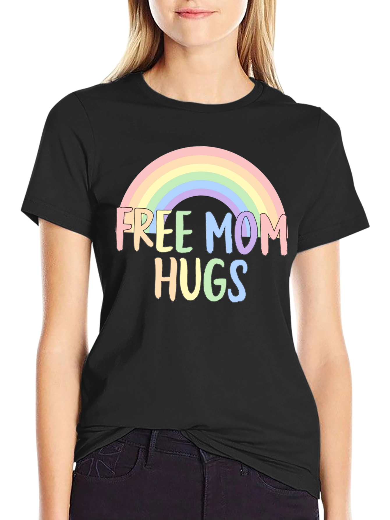 Black Free Mom Hugs Rainbow Graphic Tee view 2