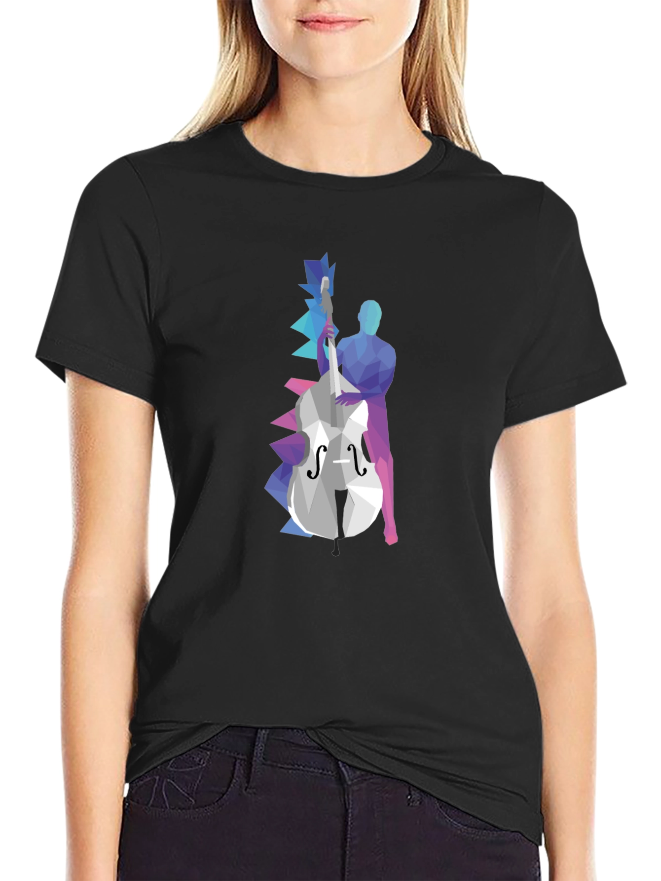 Black Abstract Bass Player Graphic Tee - Black Cotton T-Shirt view 2