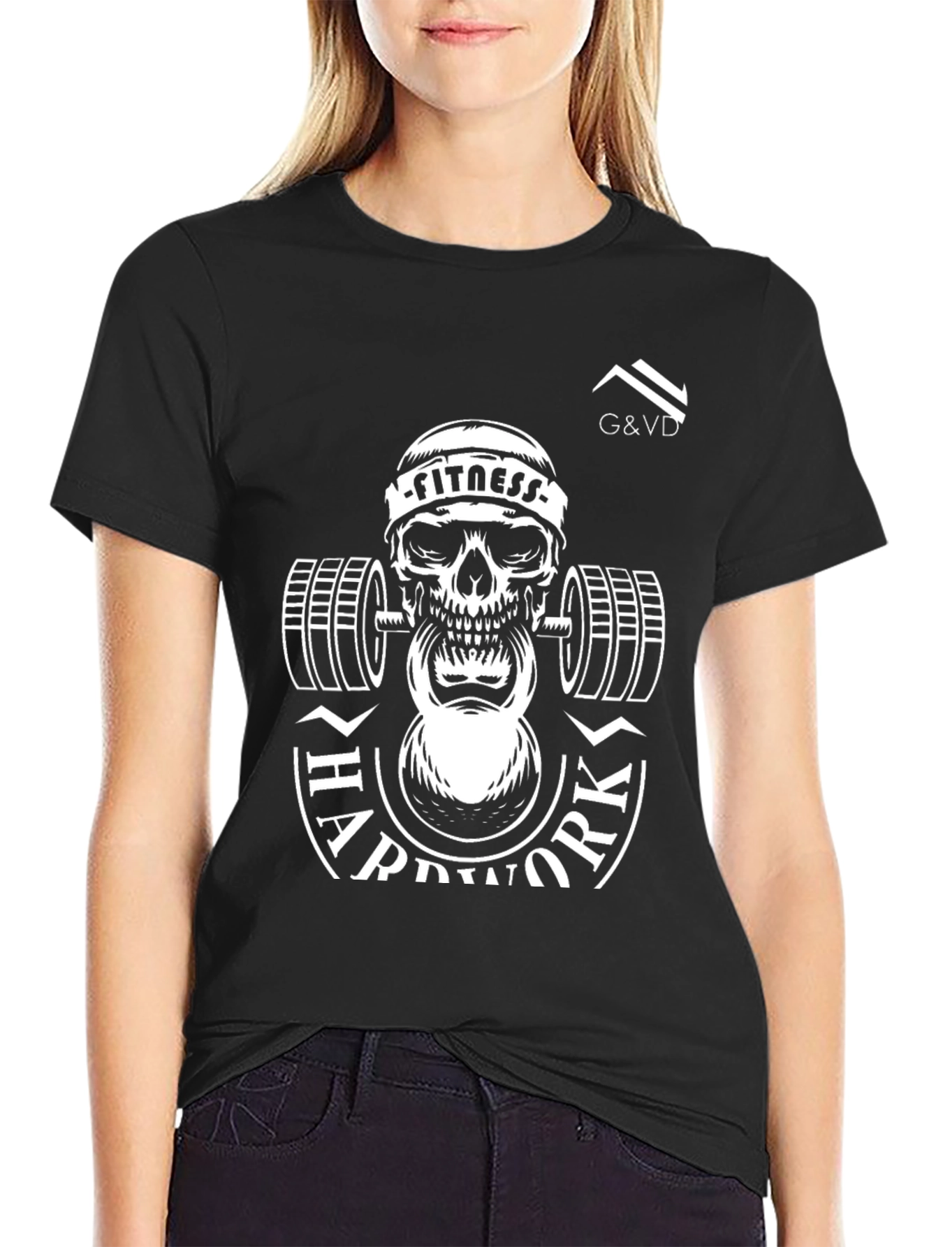 Black Fitness Skull T-Shirt - Hard Work Design view 2