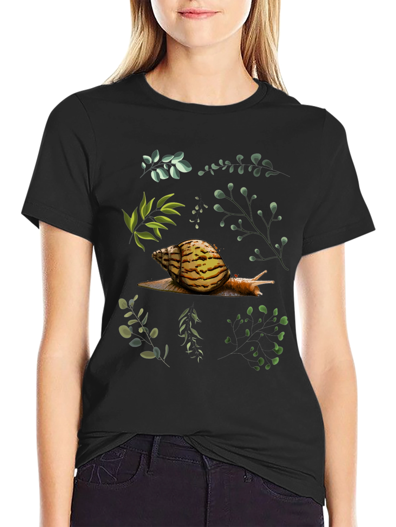 Black Snail & Botanical Print Black T-Shirt view 2