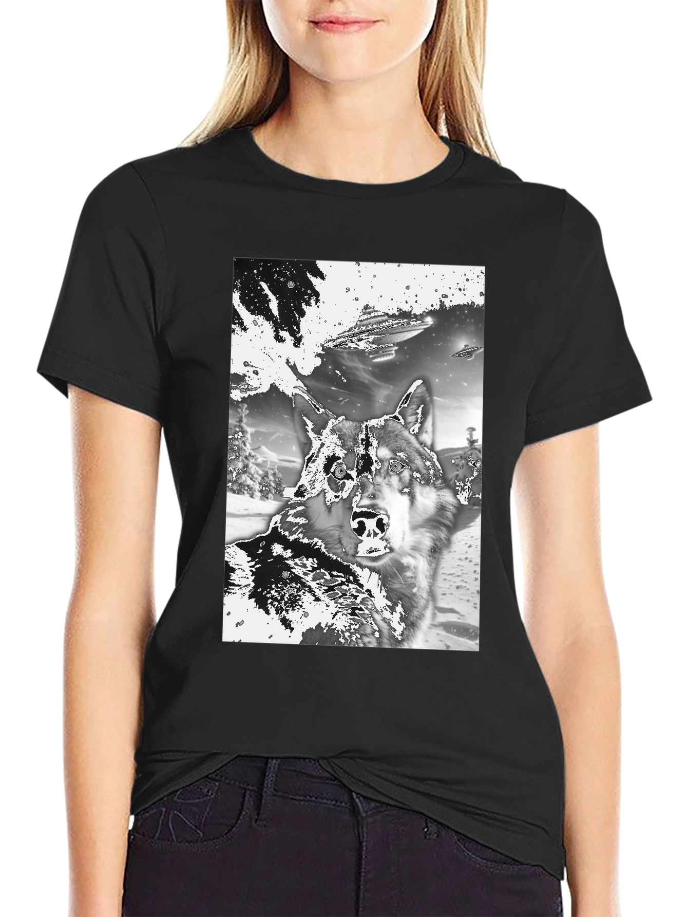 Black Wolf & UFO Graphic T-Shirt - Black Crew Neck Tee view 2