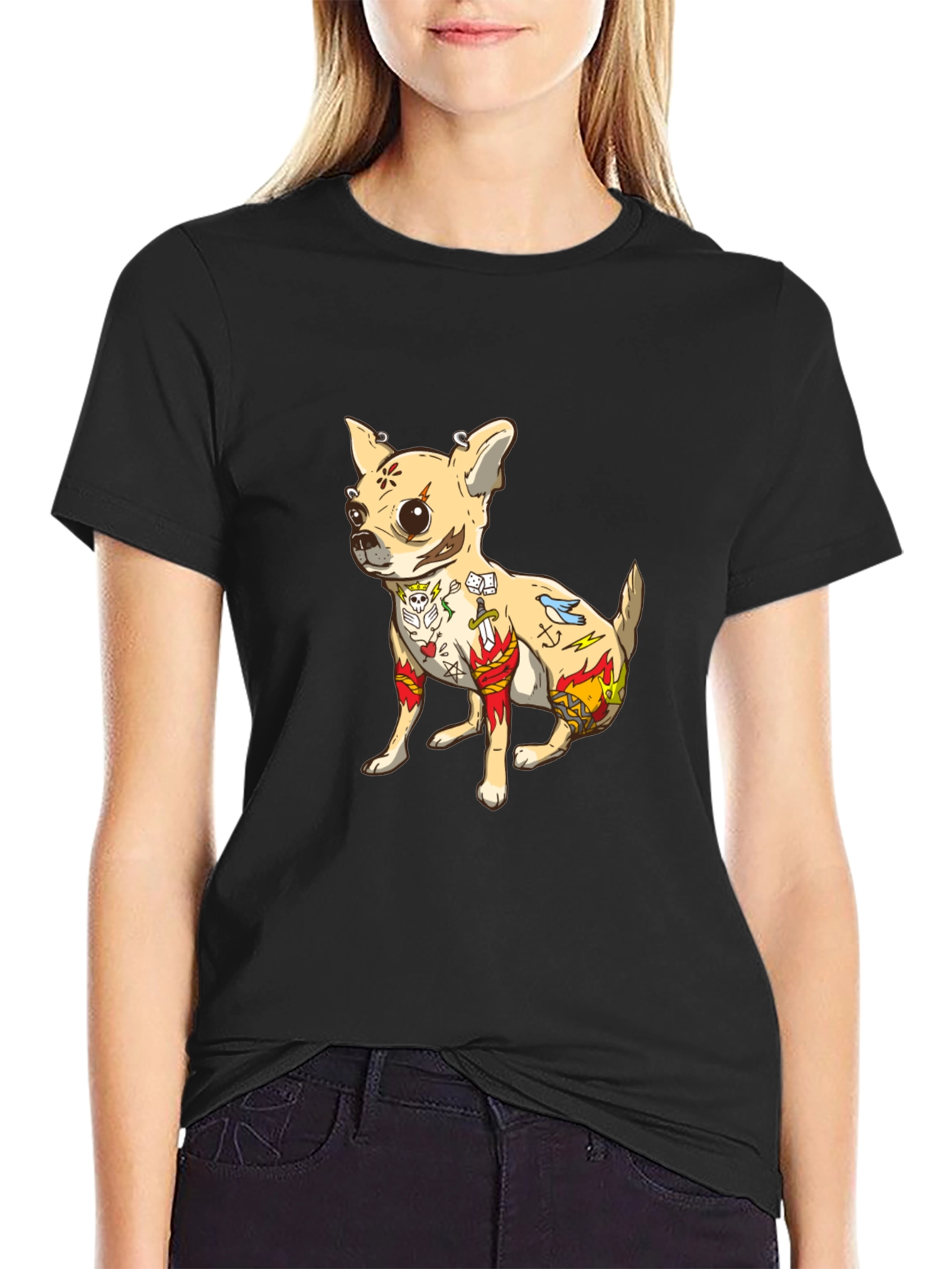 Tattooed Chihuahua Graphic Tee - Black Cotton T-Shirt - 2