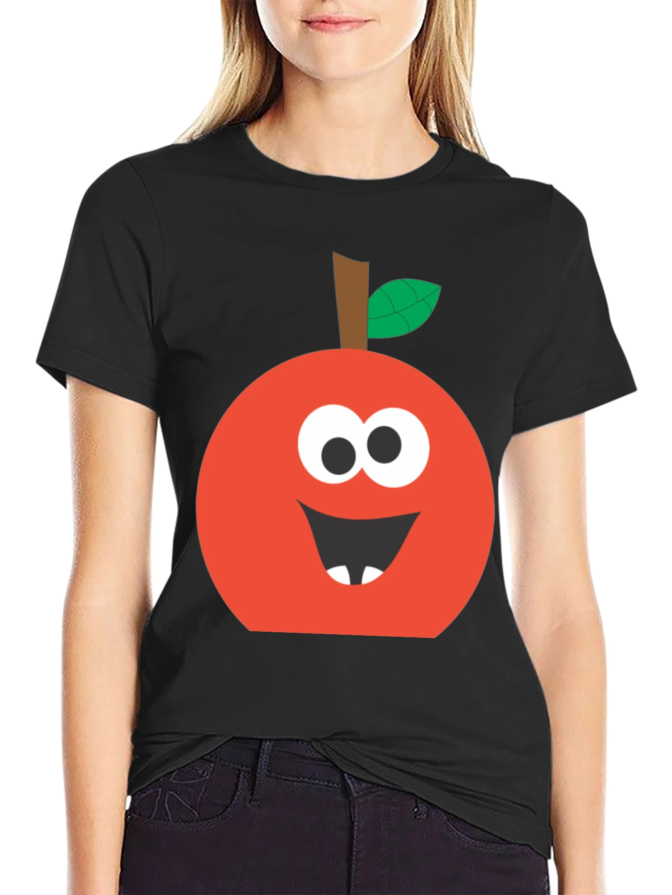 Black Funny Apple Face T-Shirt - Cute Cartoon Graphic Tee view 2