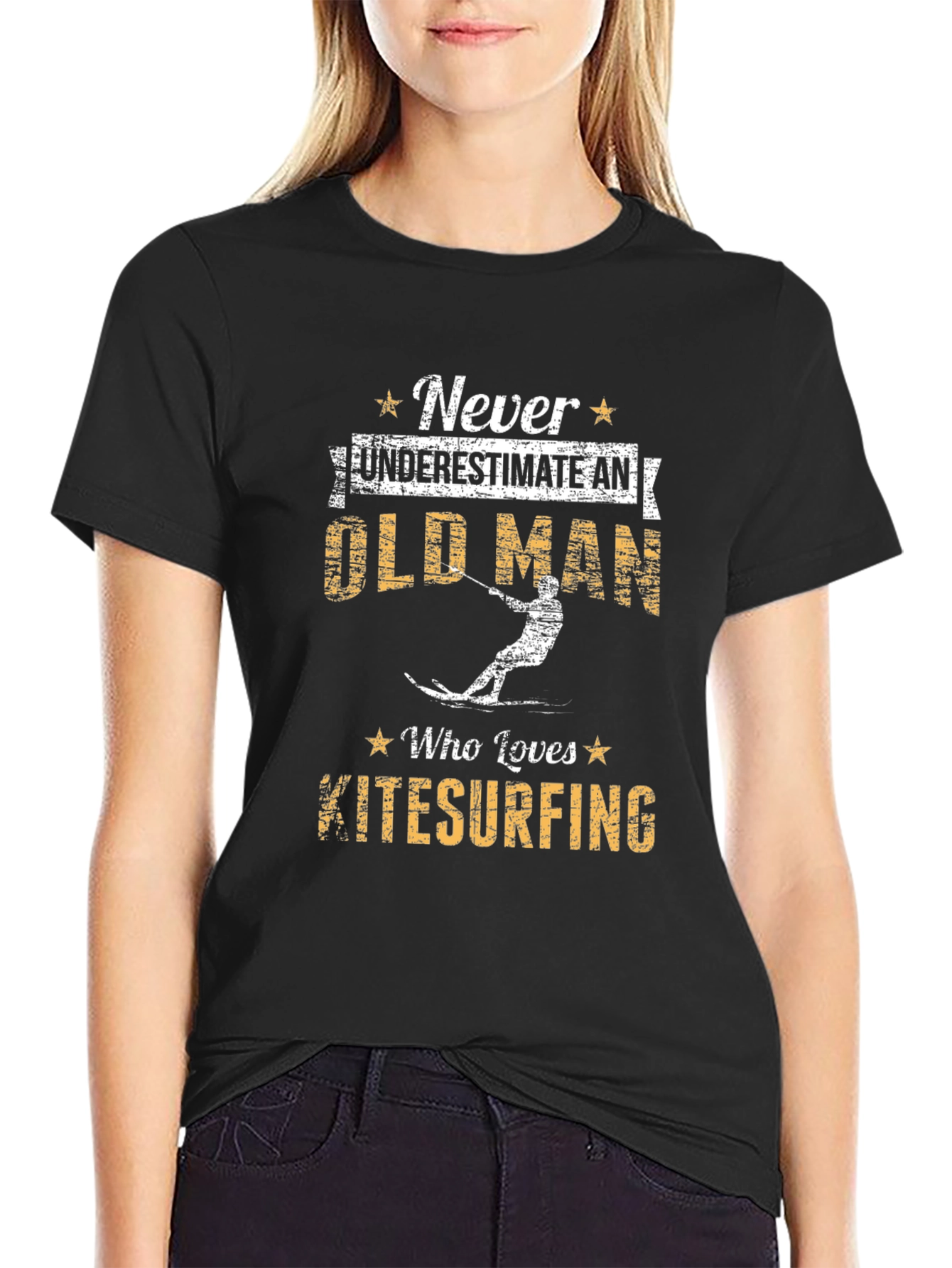 Black Never Underestimate Old Man Kitesurfing Graphic Tee view 2