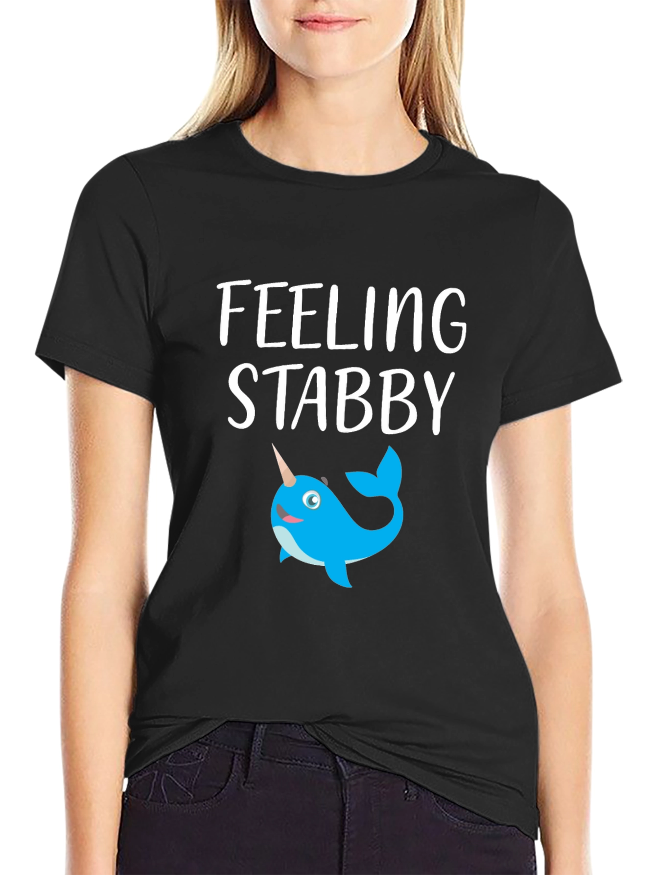 Black Feeling Stabby Narwhal Graphic T-Shirt - Black view 2