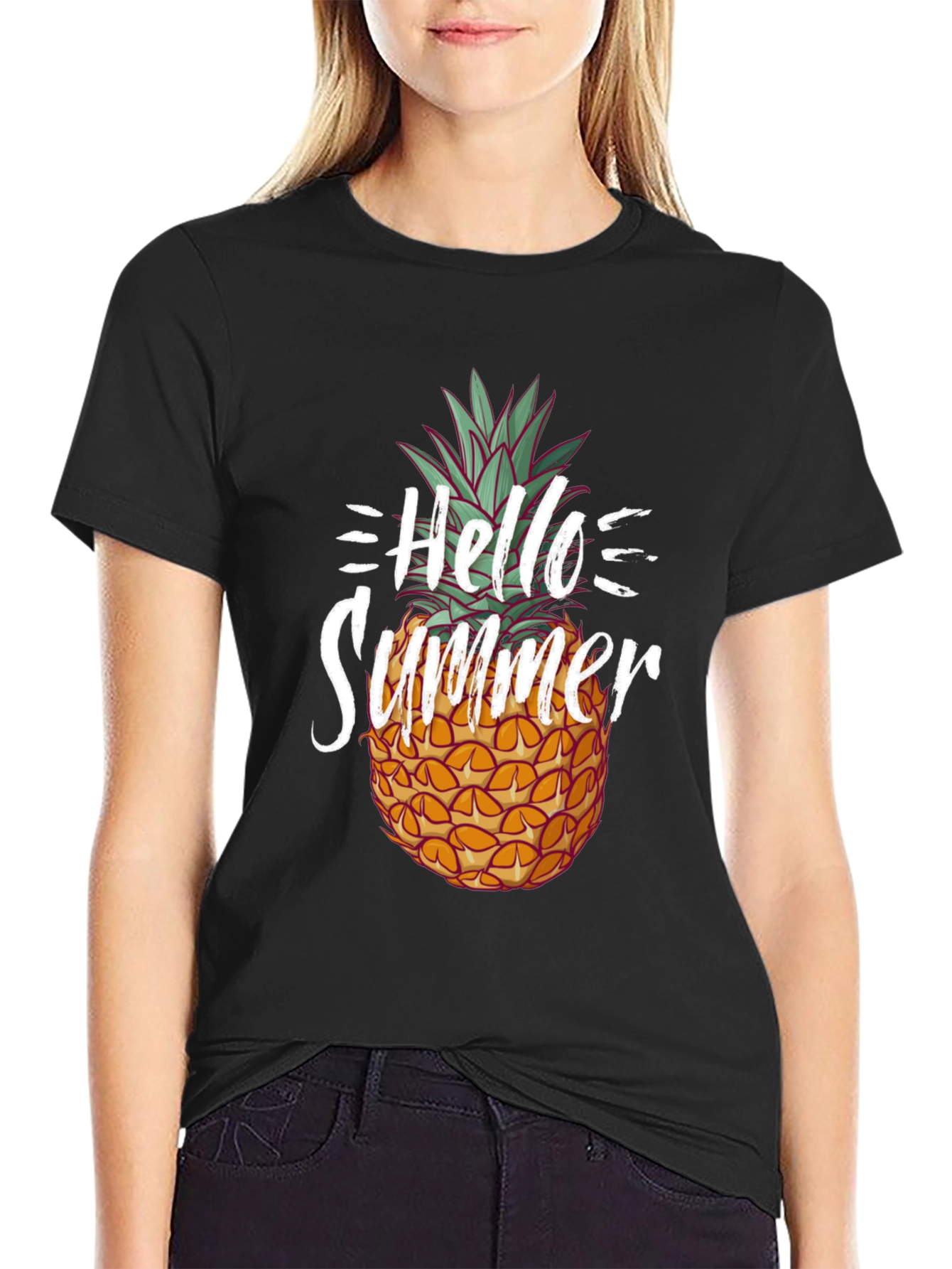 Black Hello Summer Pineapple Graphic Tee - Unisex view 2