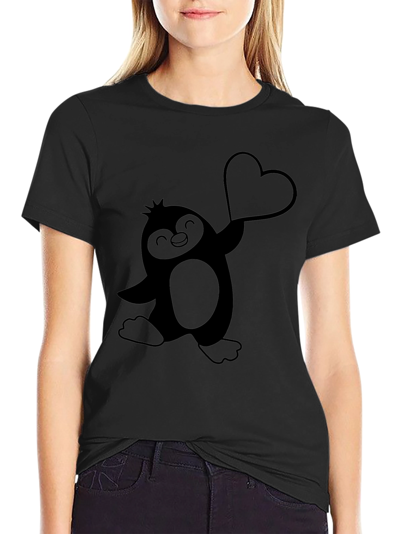 Black Cute Penguin Heart T-Shirt - Men's Black Tee view 2