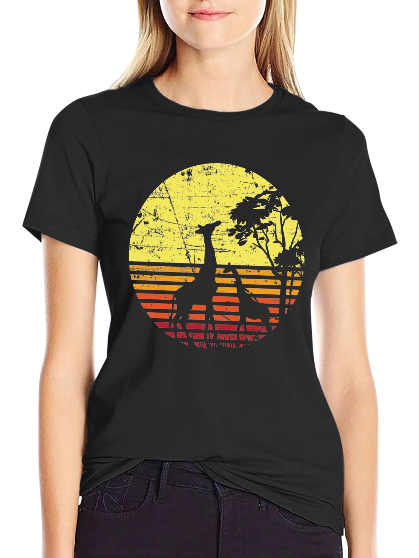 Black Giraffe Sunset T-Shirt - Retro Style Wildlife Tee view 2