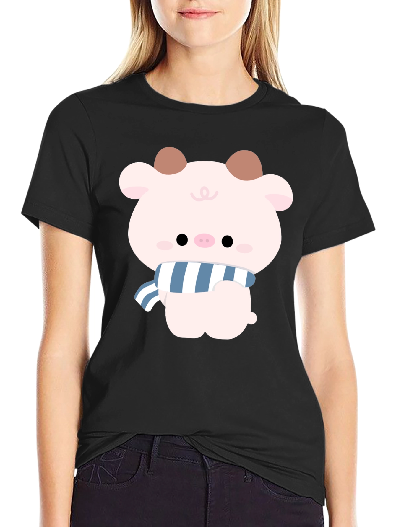 Black Cute Cartoon Pig T-Shirt view 2