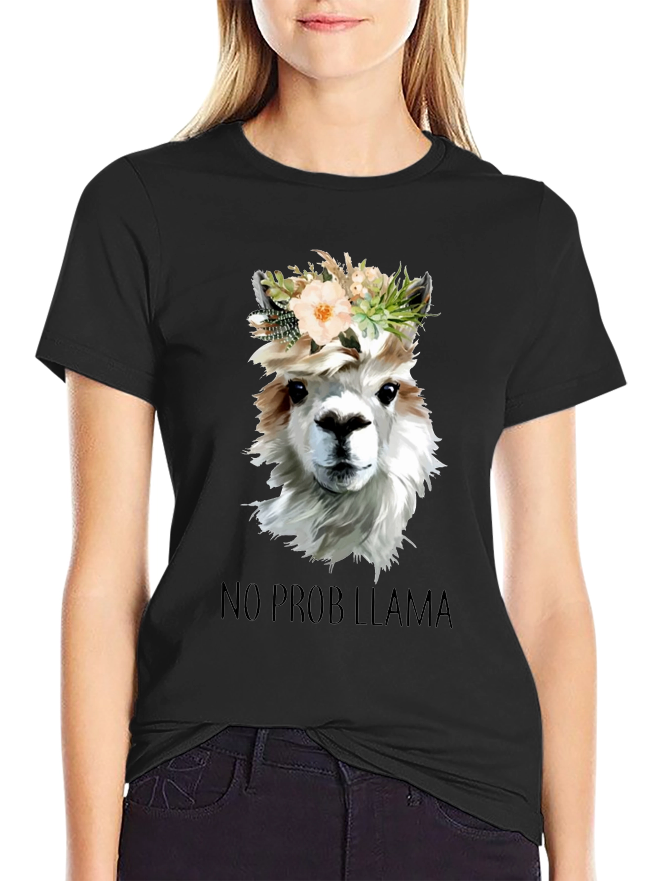 Black No Prob Llama T-Shirt - Floral Crown Alpaca Graphic Tee view 2