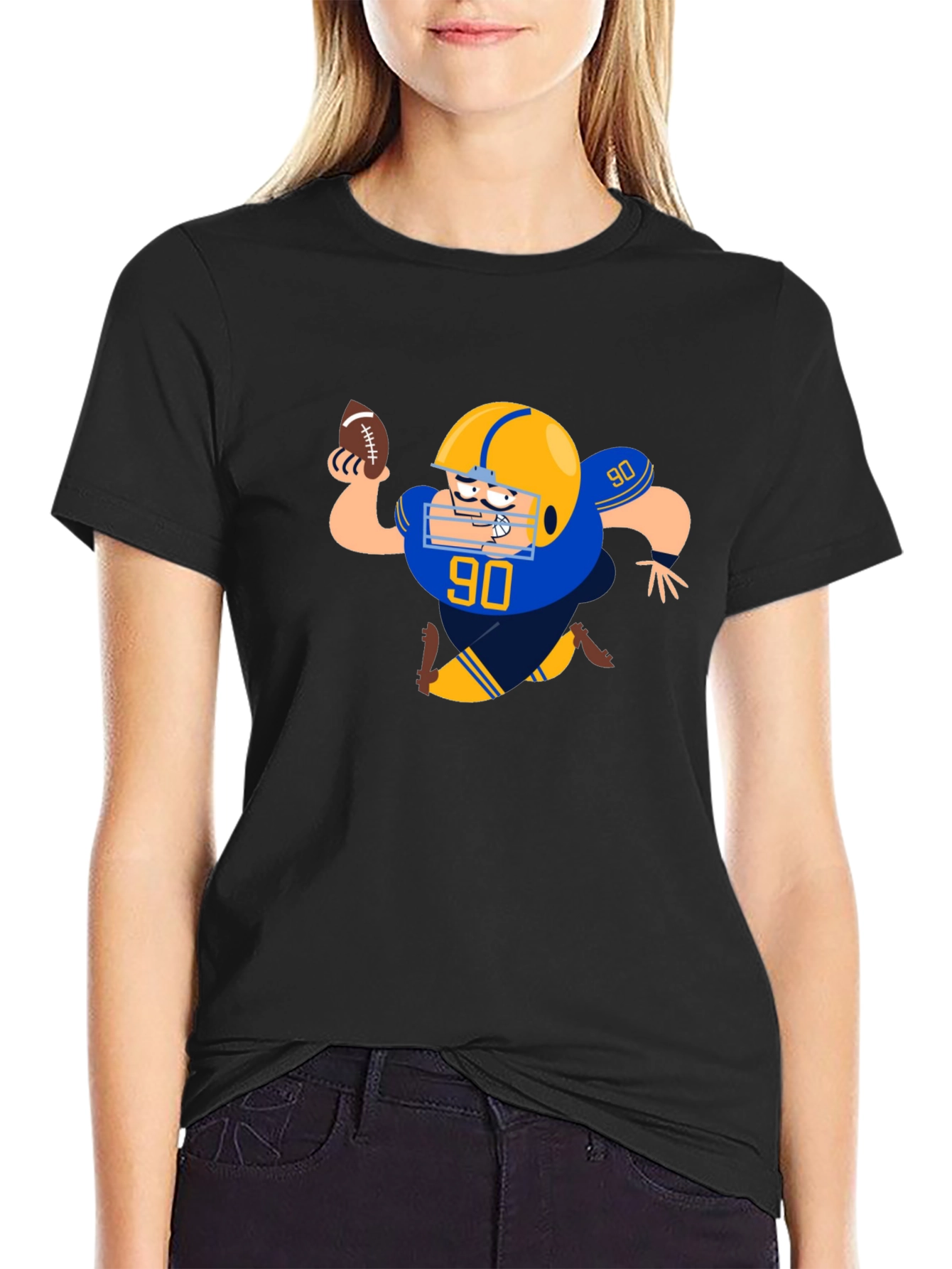 Black Football Player Cartoon Black T-Shirt view 2