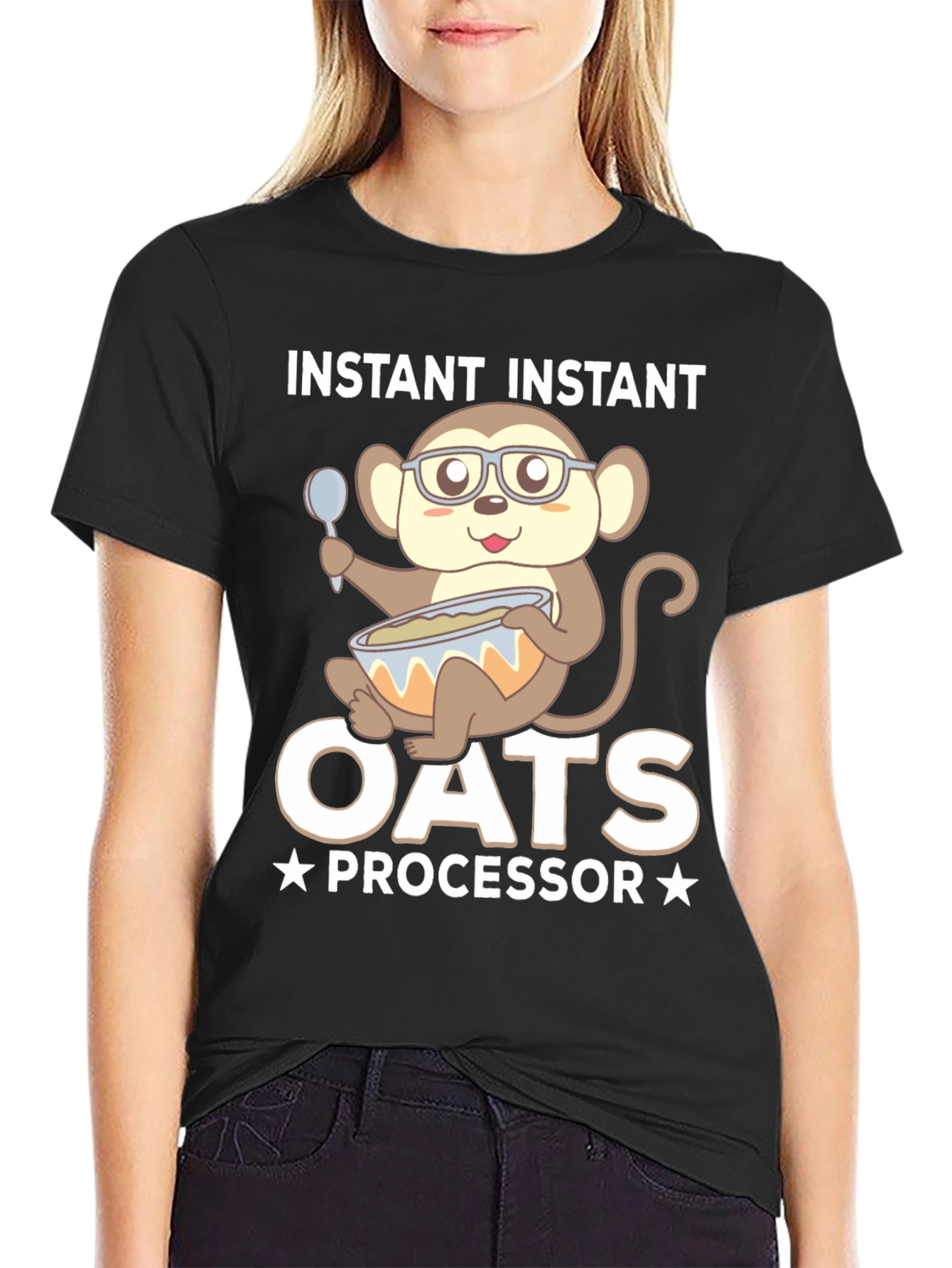 Black Instant Oats Processor Funny Monkey T-Shirt view 2