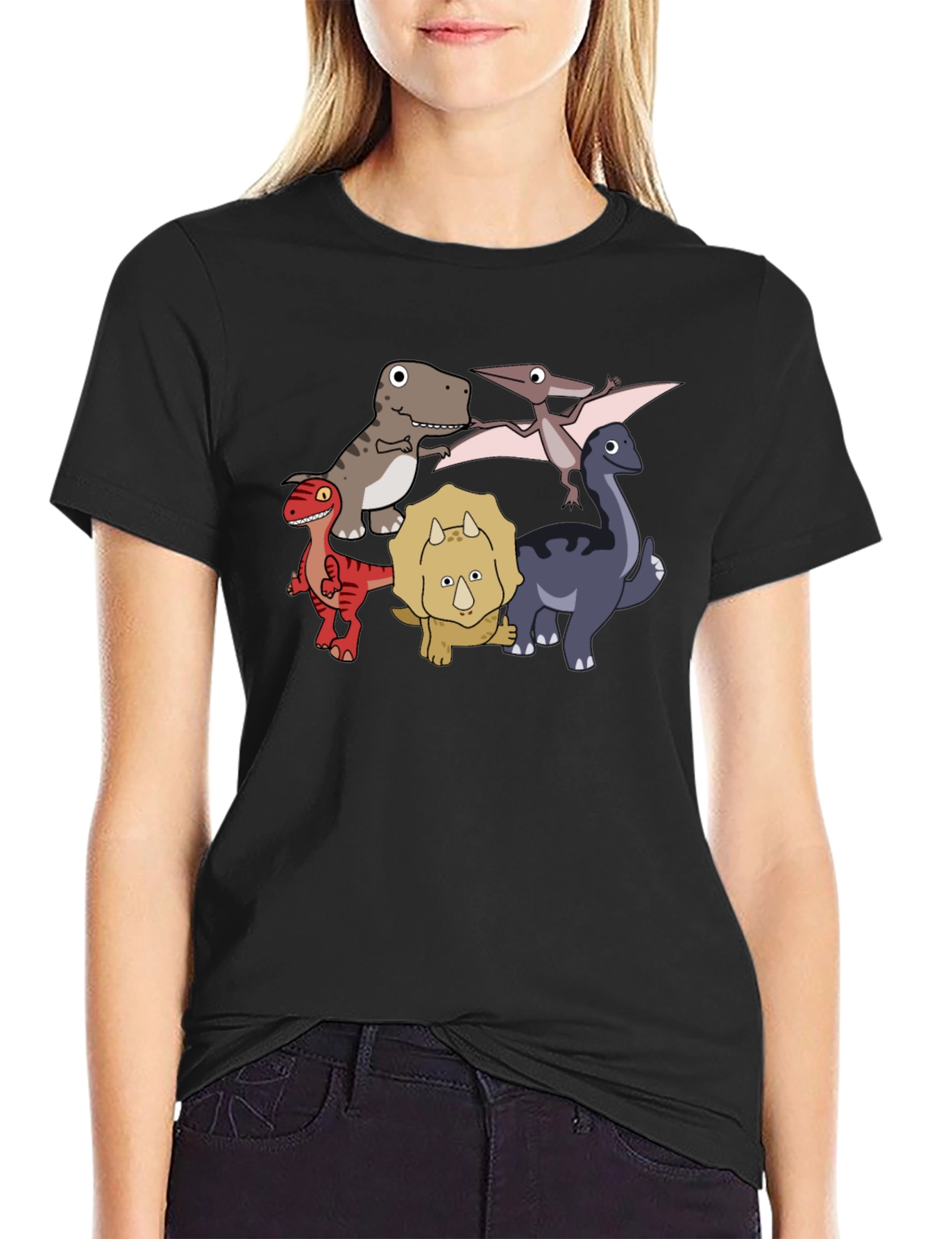 Black Dinosaur Cartoon Graphic Black T-Shirt view 2