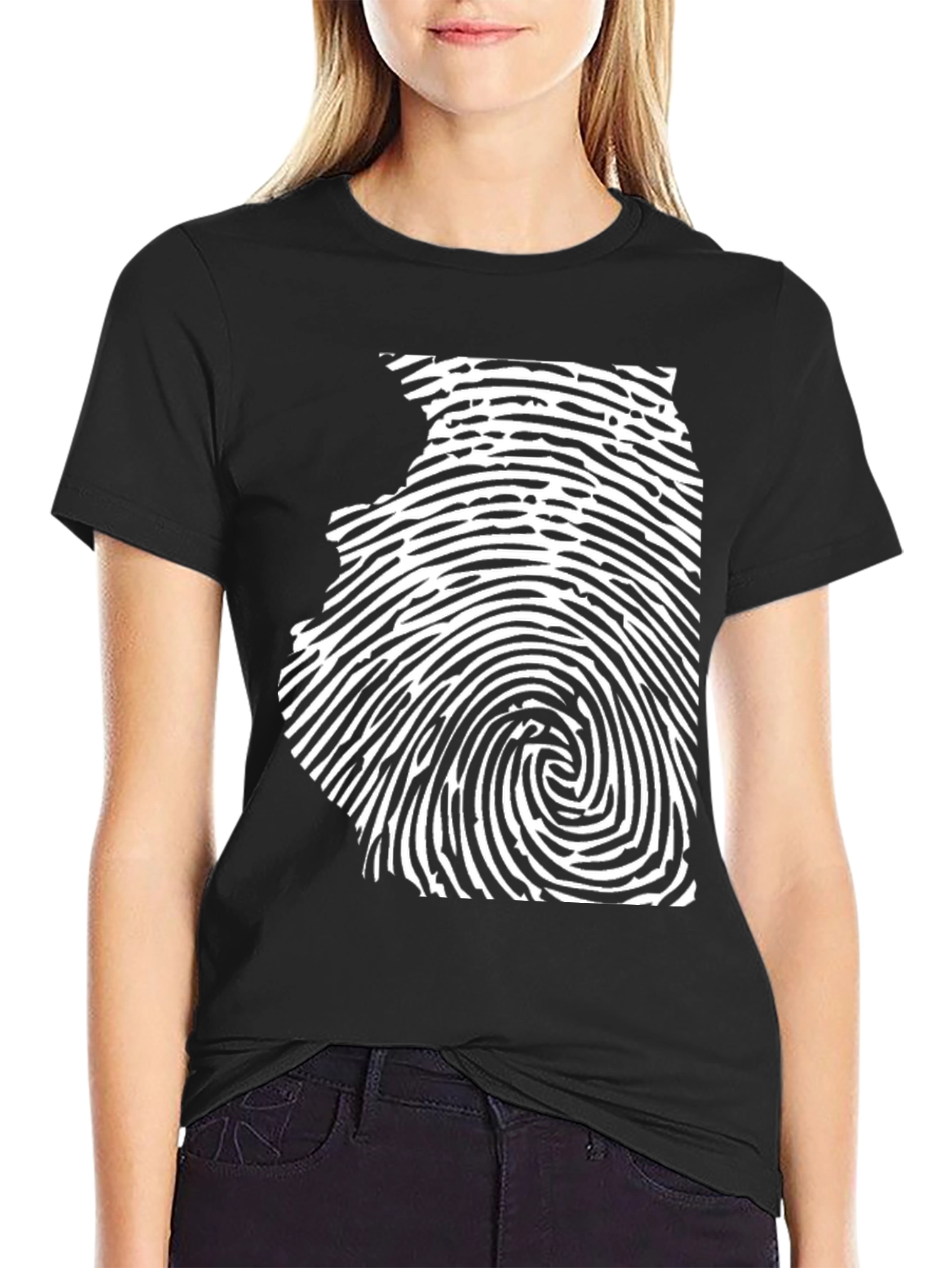 Black Unique Fingerprint State Silhouette Black T-Shirt view 2