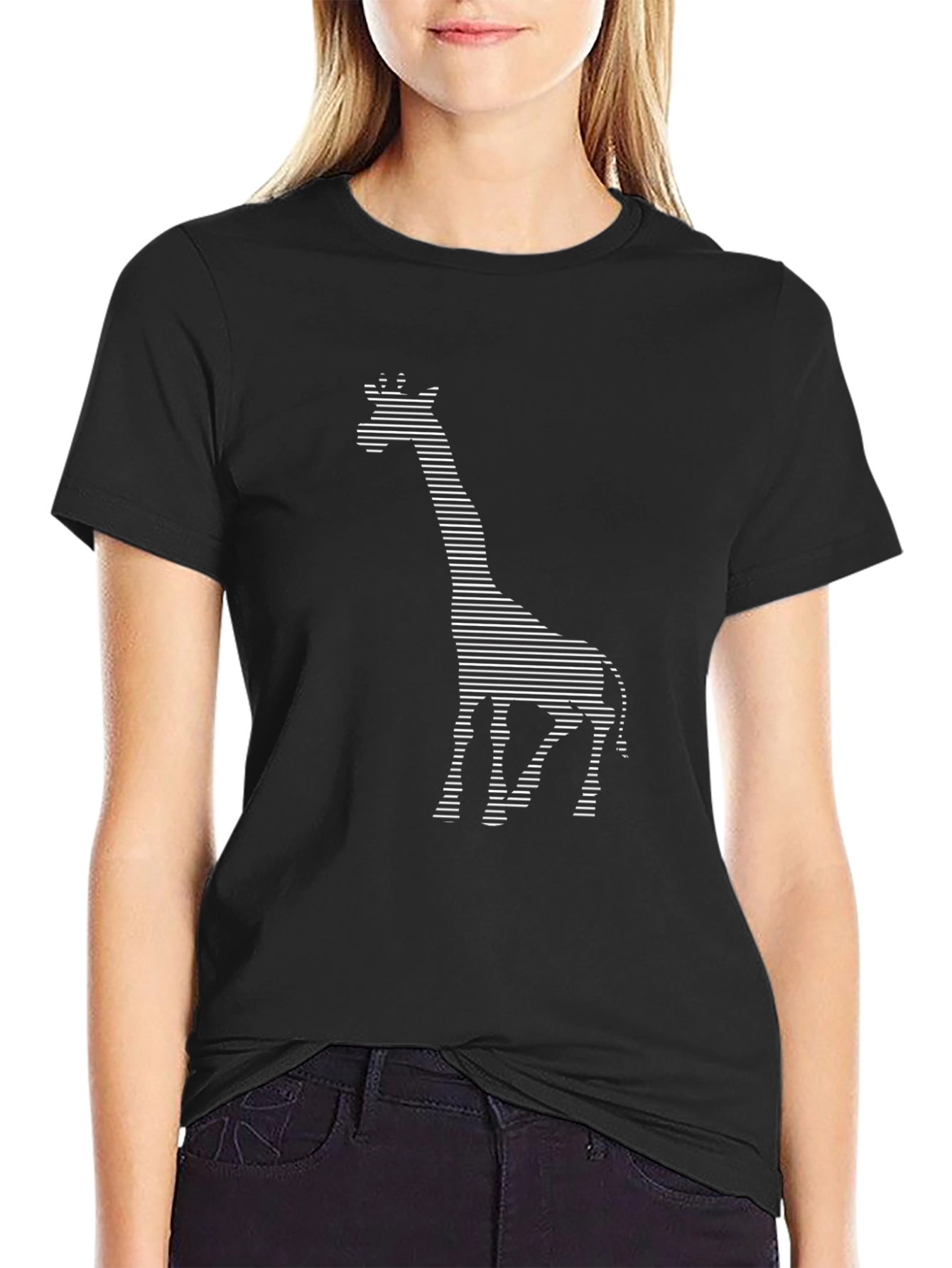 Black Striped Giraffe Graphic Tee - Black Unisex T-Shirt view 2