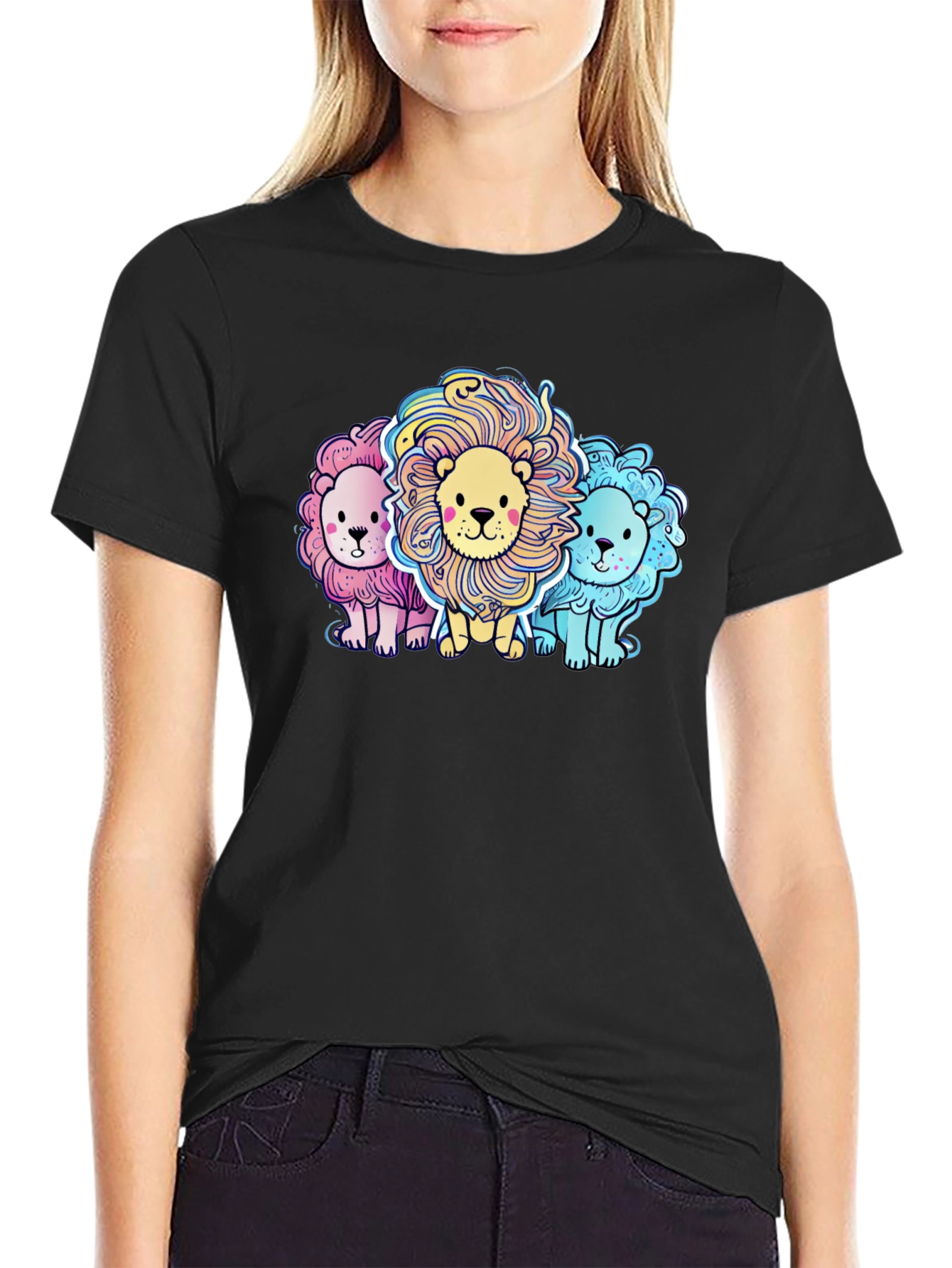 Black Cute Cartoon Lions Graphic Tee view 2
