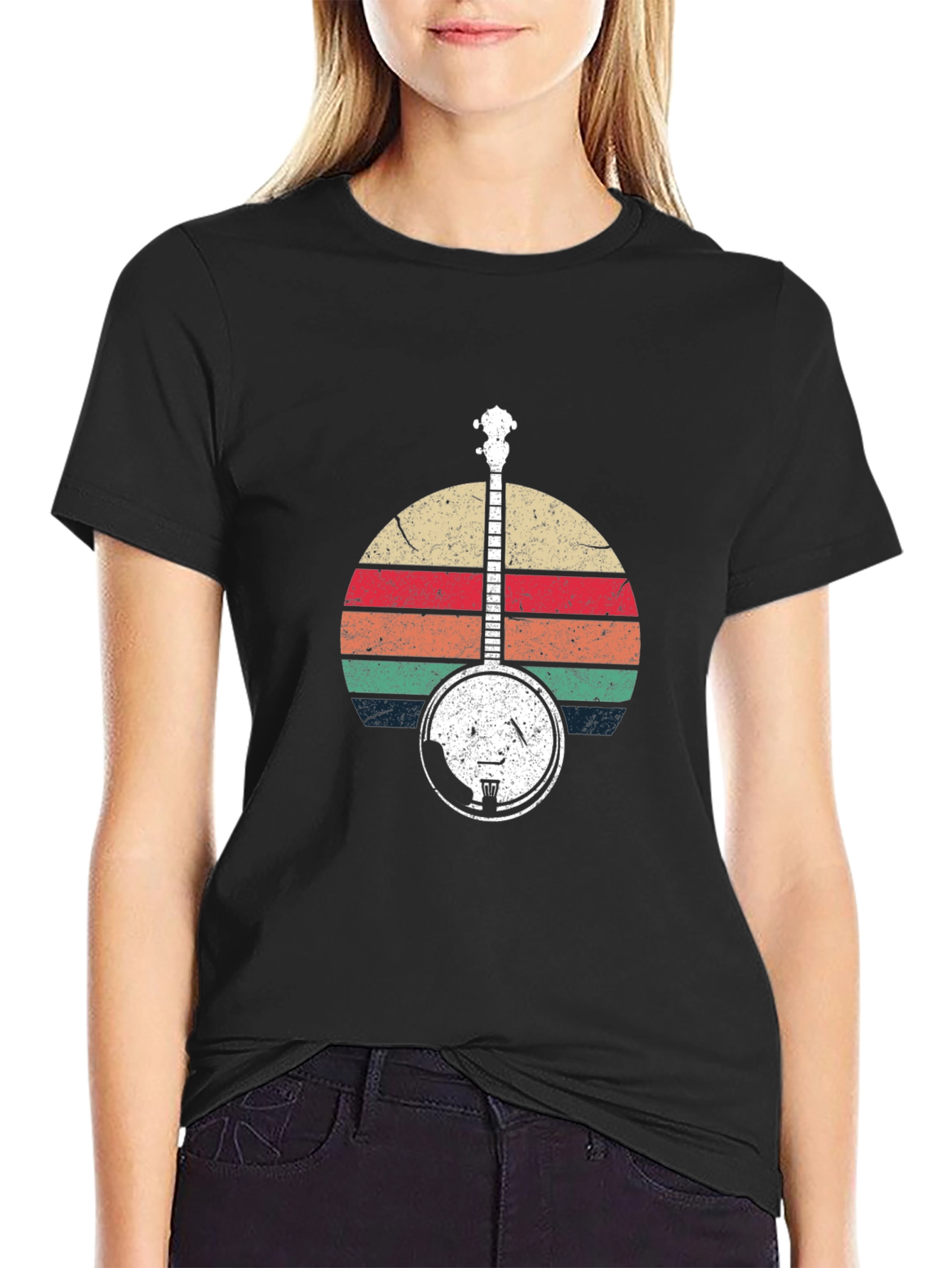 Black Retro Banjo Sunset Graphic T-Shirt view 2