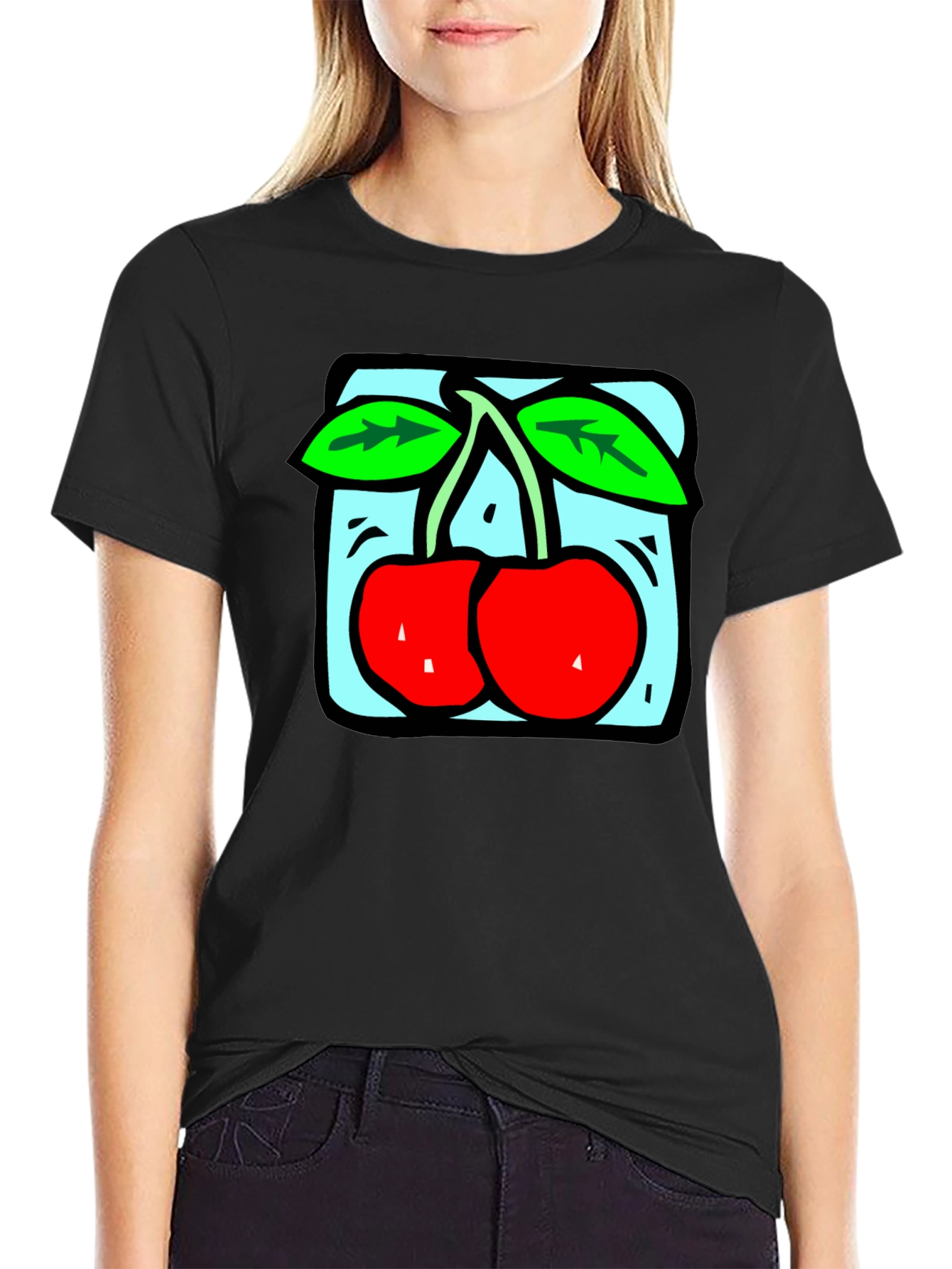 Black Retro Cherry Graphic Tee - Black Cotton T-Shirt view 2
