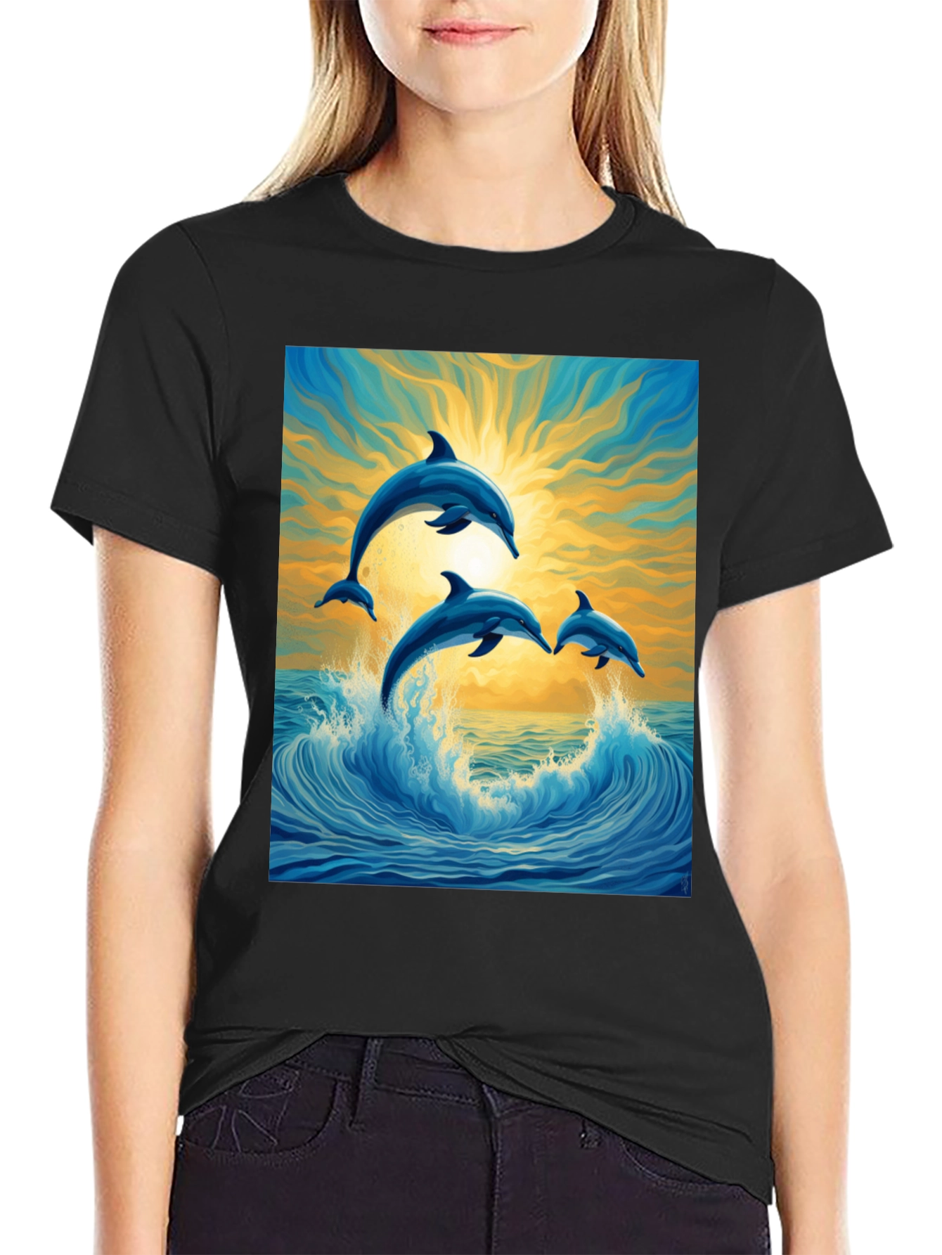 Black Dolphin Wave Graphic Tee - Stylish Ocean Lover's Shirt view 2