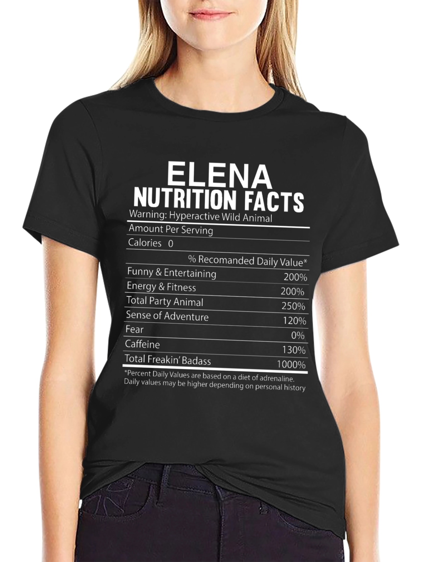 Black Elena Nutrition Facts Funny T-Shirt Wild Animal view 2