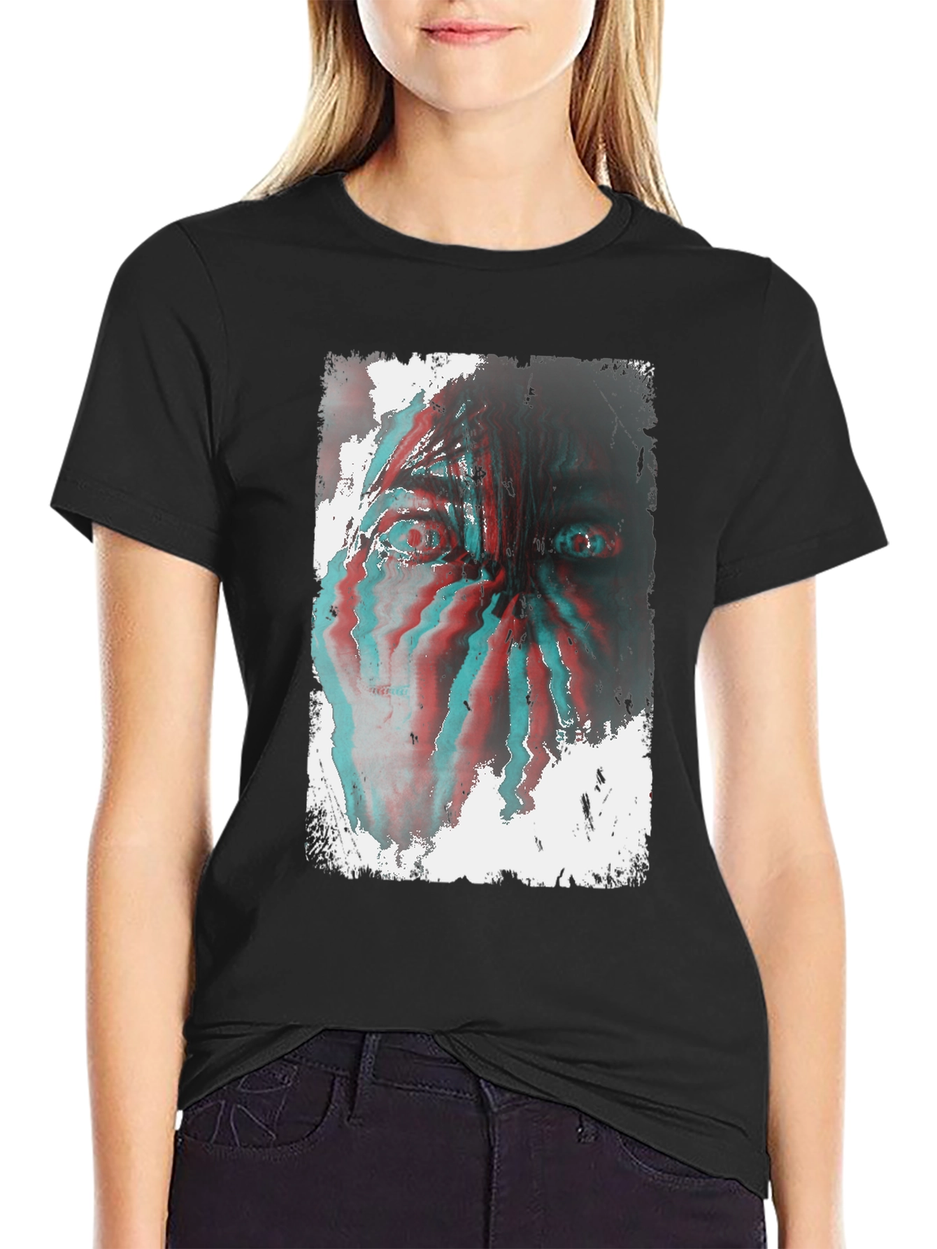 Black Distorted Face Graphic Tee - Black Cotton Blend view 2