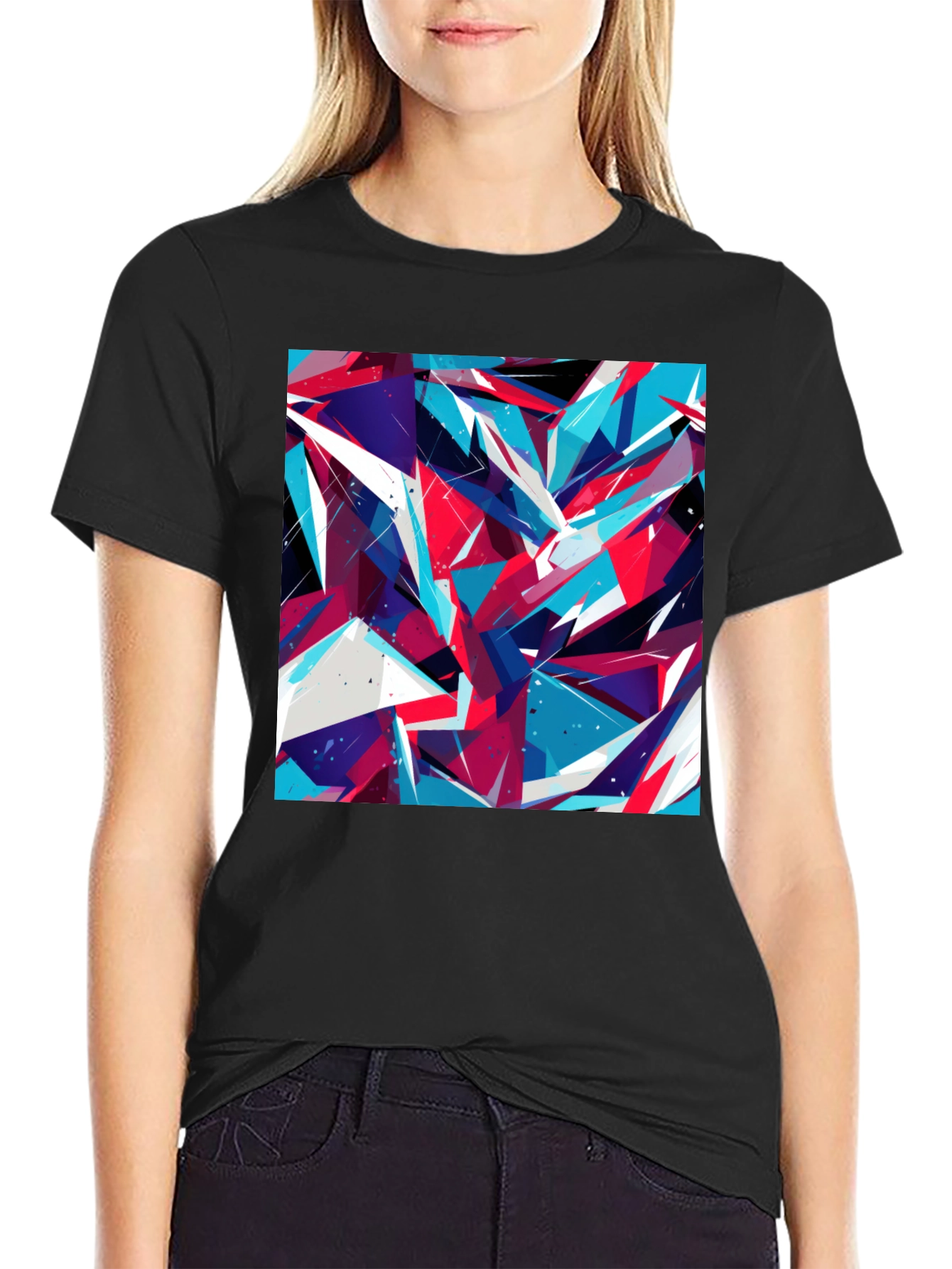 Black Abstract Geometric Print Black T-Shirt view 2