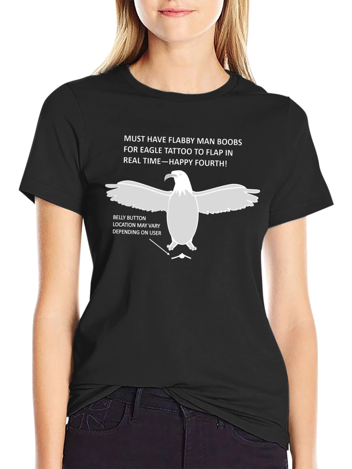 Black Flabby Man Boobs Eagle Tattoo Funny T-Shirt view 2