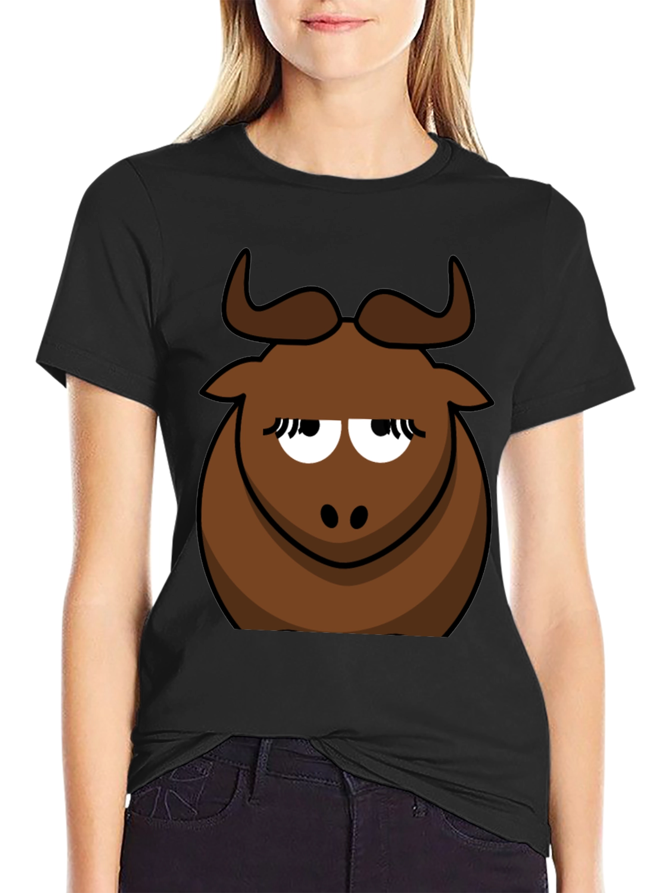 Black Funny Cartoon Bull Graphic Tee - Black Cotton T-Shirt view 2