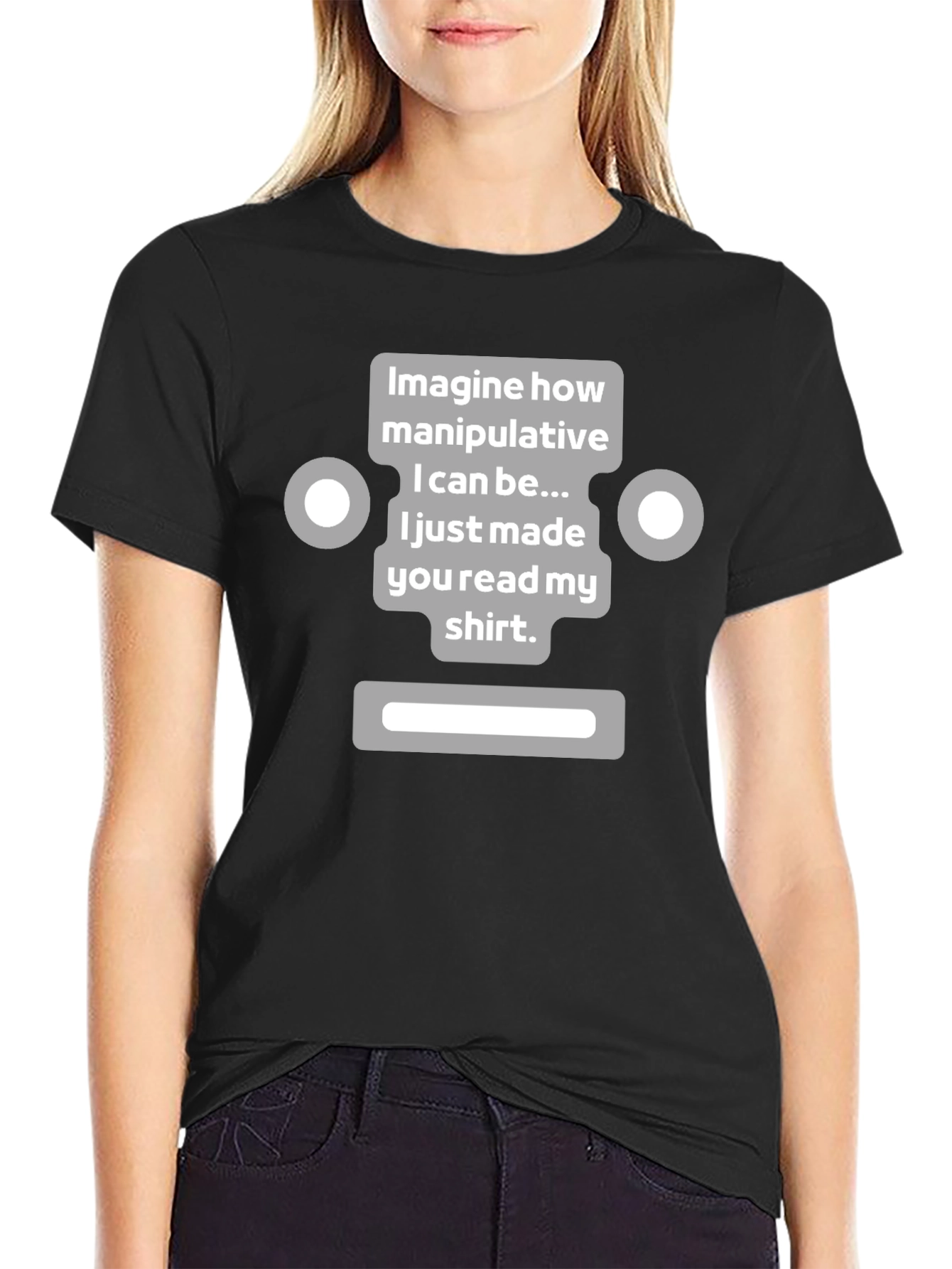Black Manipulative Robot T-Shirt - Funny Graphic Tee view 2
